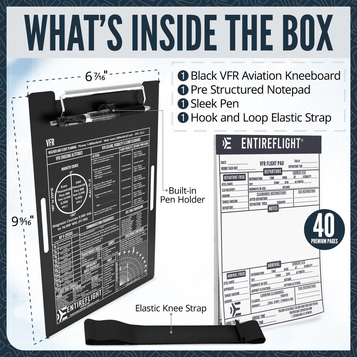 EntireFlight Aviation Pilot Kneeboard-VFR Black With Notepad-Premium Pilot Gear Aviation Accessories - Airplane Grade Aluminum-Elastic Knee Board Strap & Pen|Quality Box Included For Great Pilot Gifts