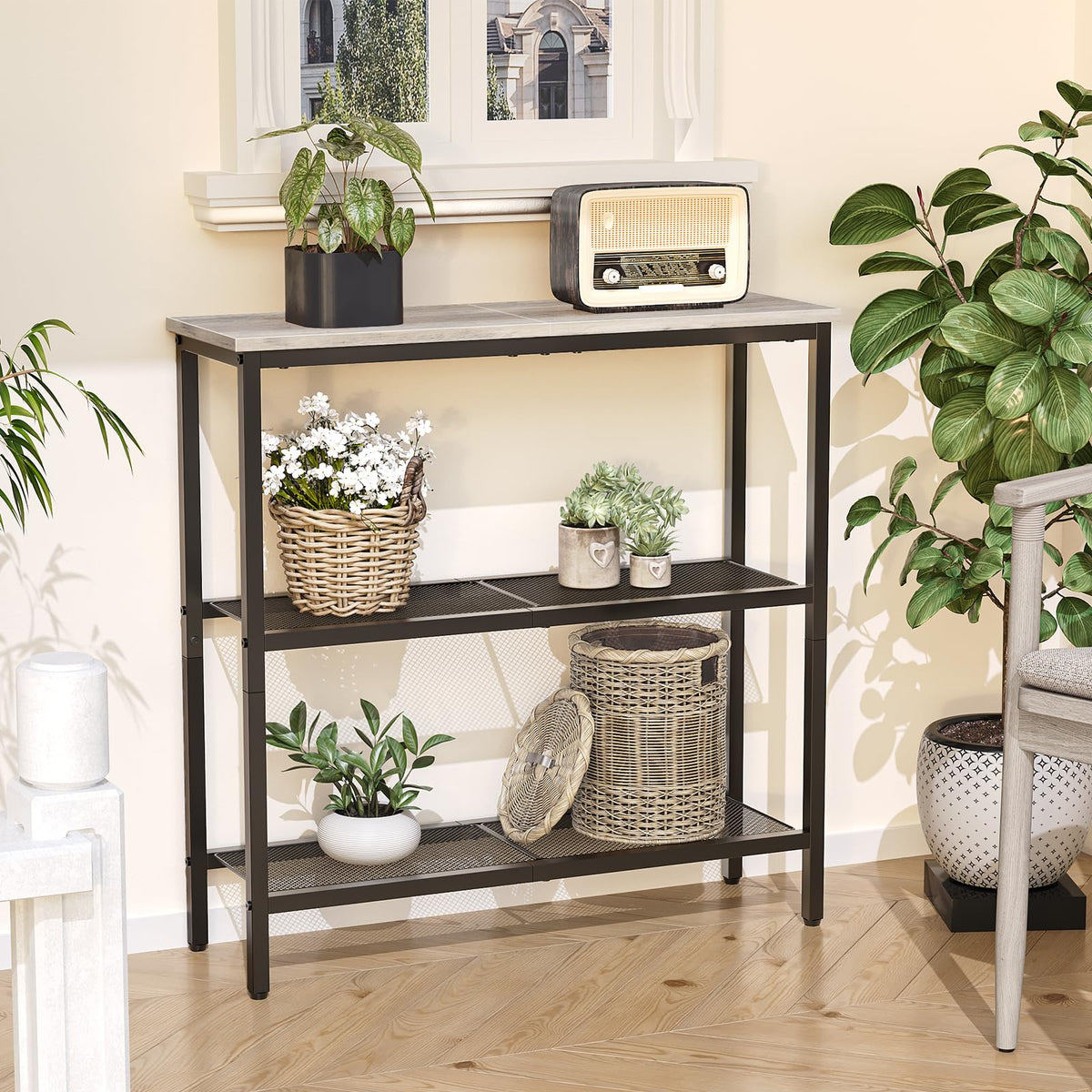 HOOBRO 75 cm Narrow Console Table, 3-Tier Entryway Table, Thin Sofa Table with Shelves, Side Table, Display Table, for Hallway, Entrance, Living Room, Bedroom, Greige and Black BG73XG01