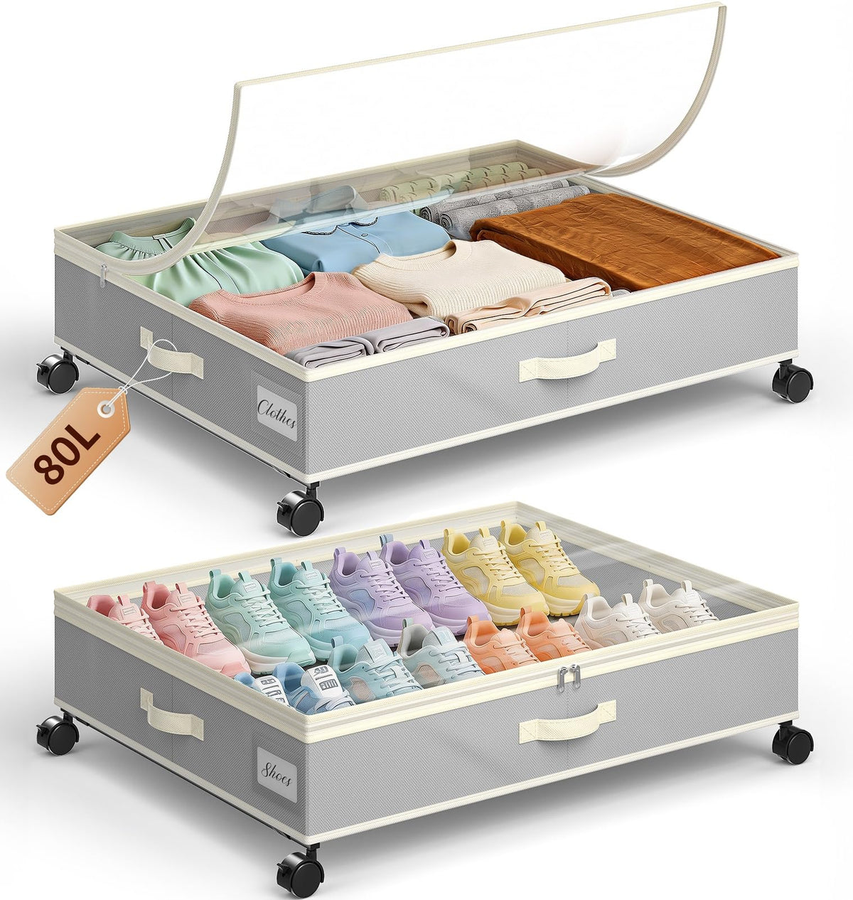 Yecaye 80L Under Bed Storage with Wheels, 2 Pack Under Bed Storage Containers with Lid, Rolling Underbed Storage Drawer, Metal Under Bed Shoe Storage for Clothes, Shoes, Blankets, Grey
