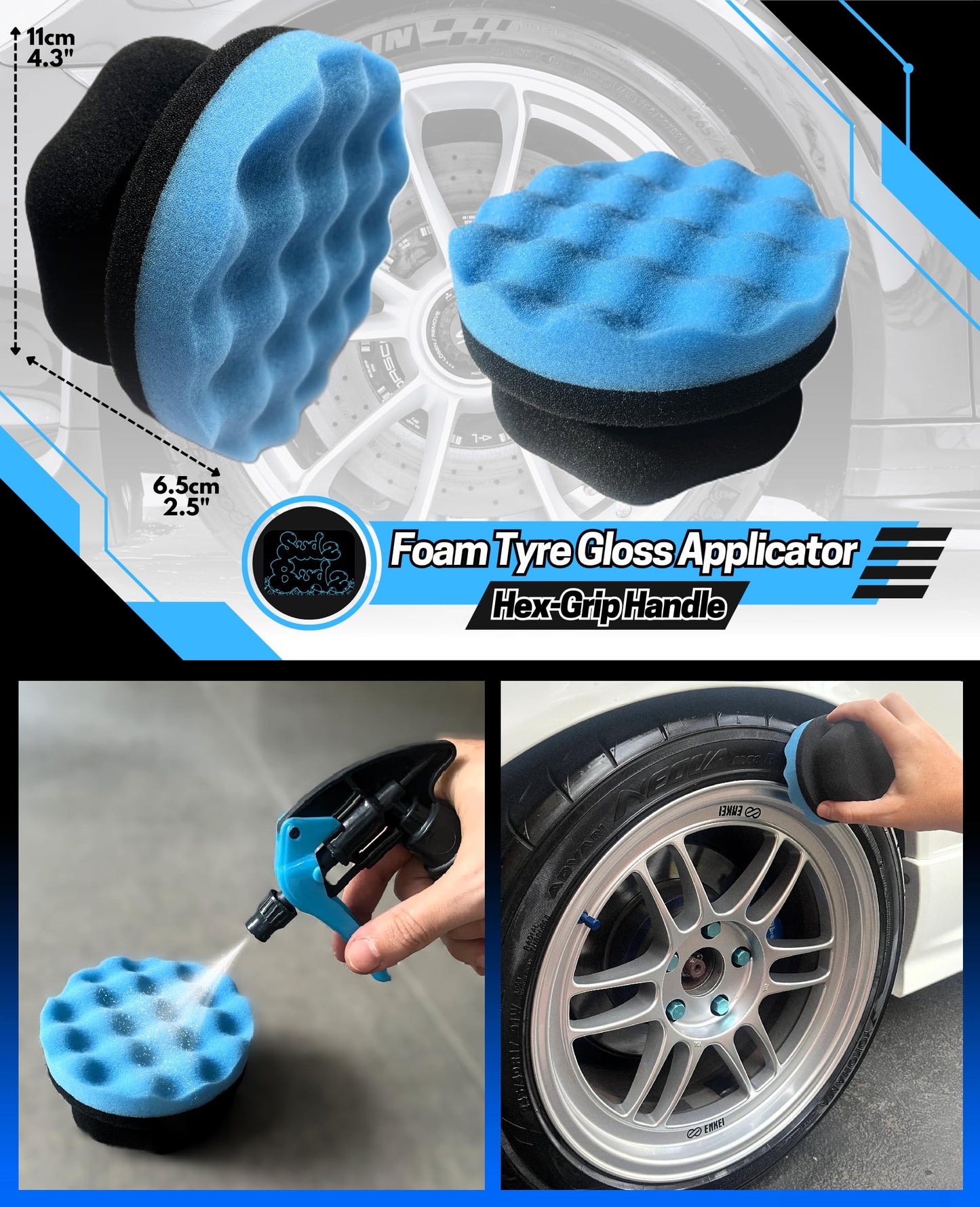 Sudz Budz® Deluxe Wheel Cleaning Set of 6 | No-Scratch, Bendable, Rim Washing Brushes Long/Short, Car Detailing and Tyre Brush, Shine Applicator, Plush Drying Towel. Easy Reach Kit to Detail Wheels