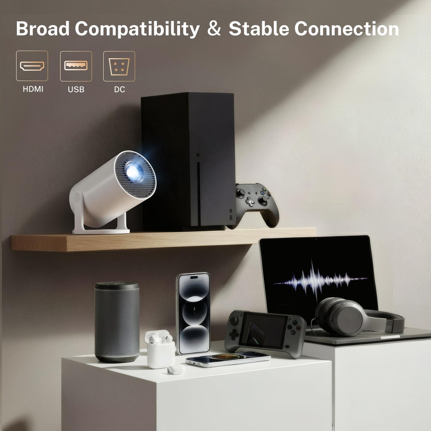 LYNCAST Mini Projector Portable Small Projecteur Portatif [Built-in Apps & 2026 Upgraded] Smart Movie Projector with WiFi 6 and Bluetooth 5.4 Auto Keystone, Compatible with HDMI/USB/iOS HY300Pro+