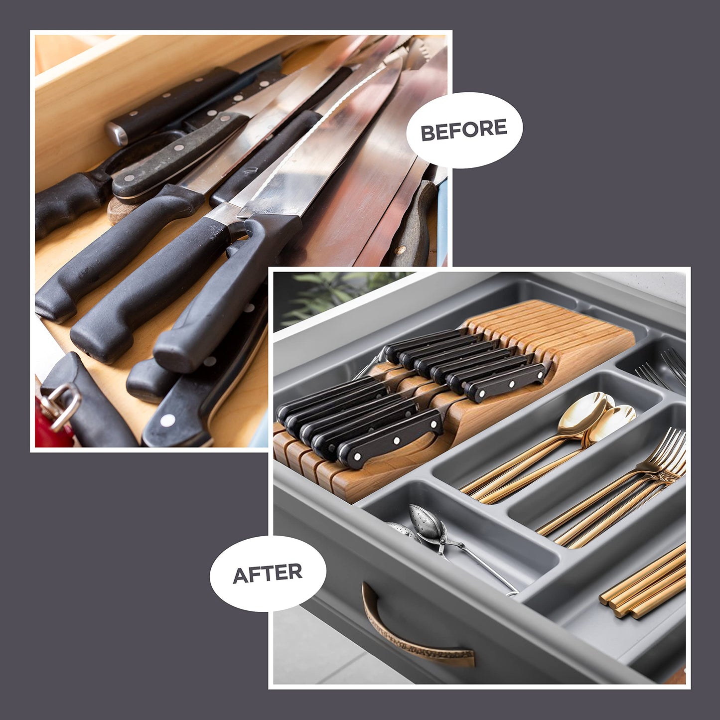 Knife Drawer Organizer - Bamboo in-Drawer Knife Block Holder for Kitchen, Wooden Knife Organizer Drawer Insert, Knife Storage Drawer Block for Steak, Chef, Utility Knives, Holds up to 16 Short Knives