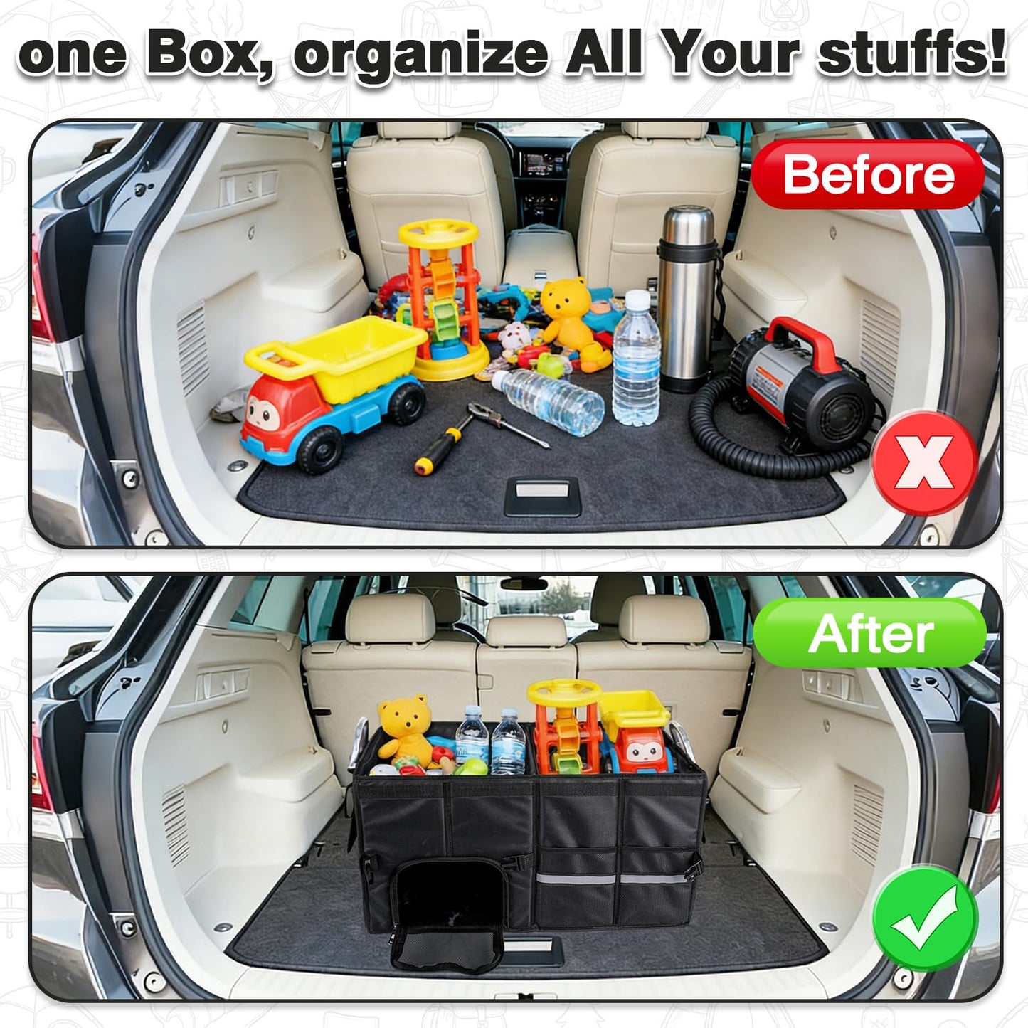 Collapsible Trunk Organizer – Leak-Proof Car Storage Box with Anti-Slip Mat, Fits SUV/Sedan/Minivan/Truck, Stops Groceries from Rolling