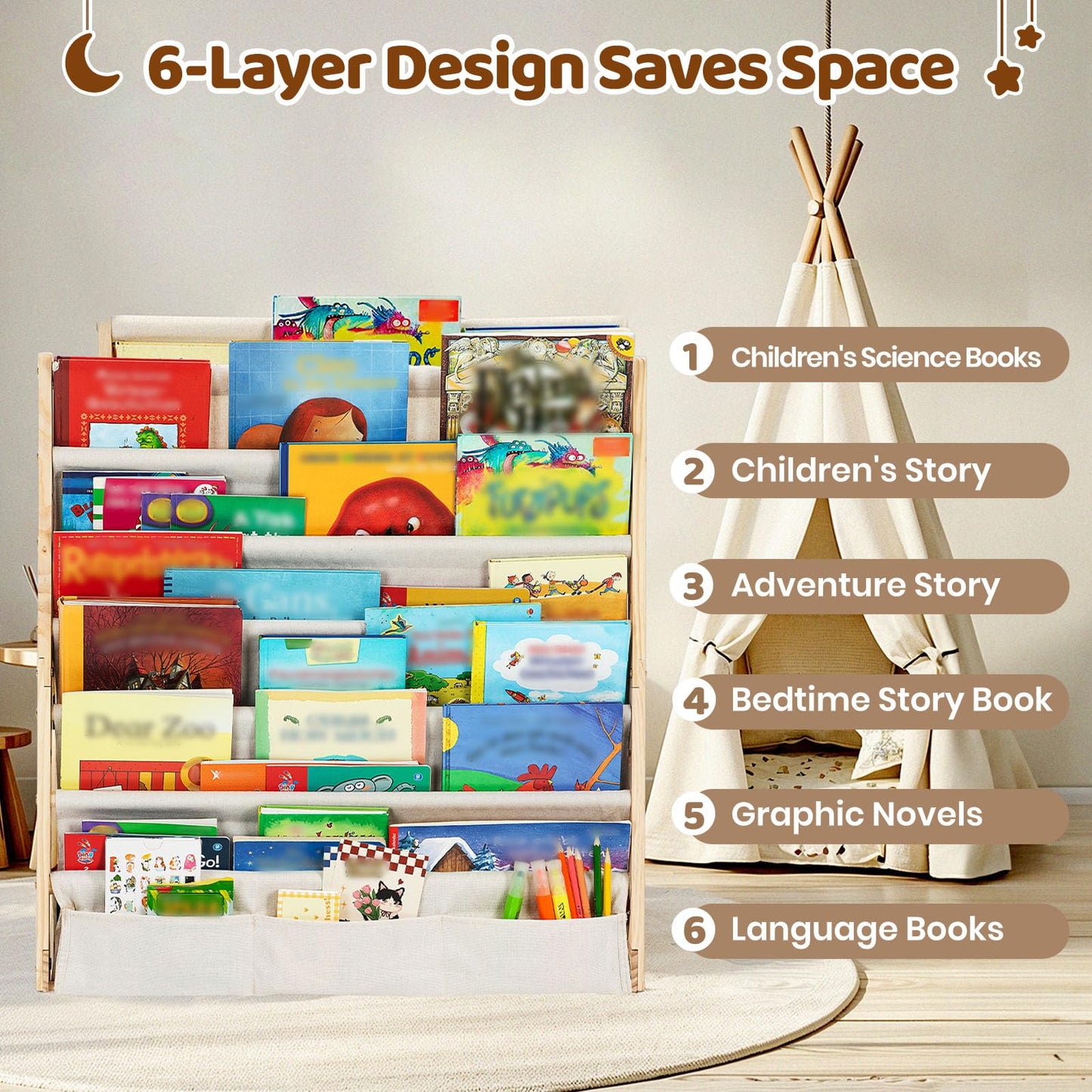 COSYLAND 6-Tier Kids Bookshelf - Toddler Book Display Shelves for Classrooms, Playrooms and Nursery - Wooden Book Shelf for Kids Rooms (Natural, 75 Cm Wide)