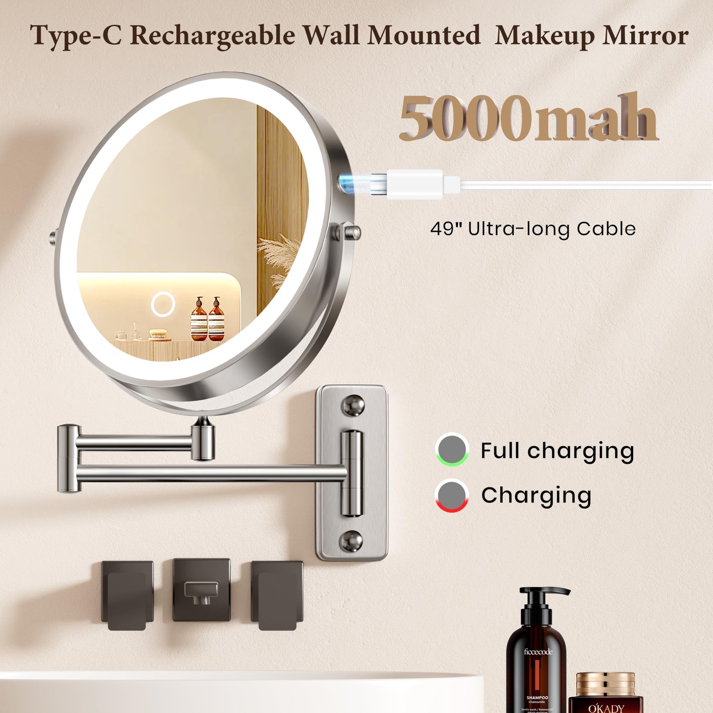 5000mAh Rechargeable Wall-Mounted Lighted Makeup Mirror, 15X HD Magnifying Mirror with 3-Color Dimmable LED Lights, Touch-Sensitive Control, 17" Extendable 360° Swivel Bathroom Mirror, Pearl Nickel