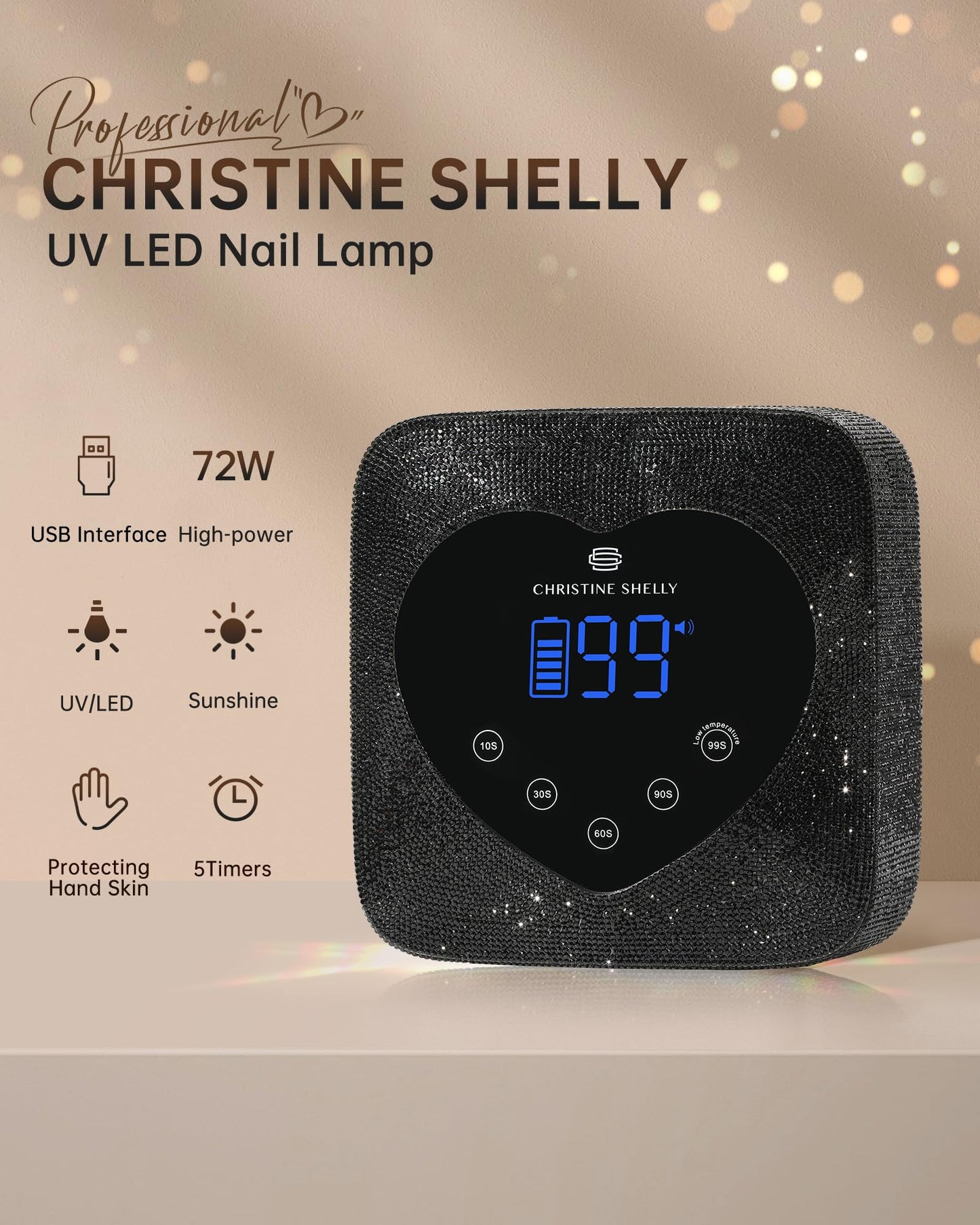 CHRISTINE SHELLY UV LED Nail Lamp 72W Rechargeable Sparkly Wireless Nail Dryer Gel Polish Light with 5 Timer Setting Professional Quick Dry Curing Lamp with Display Auto Sensor for Salon & Home, Black