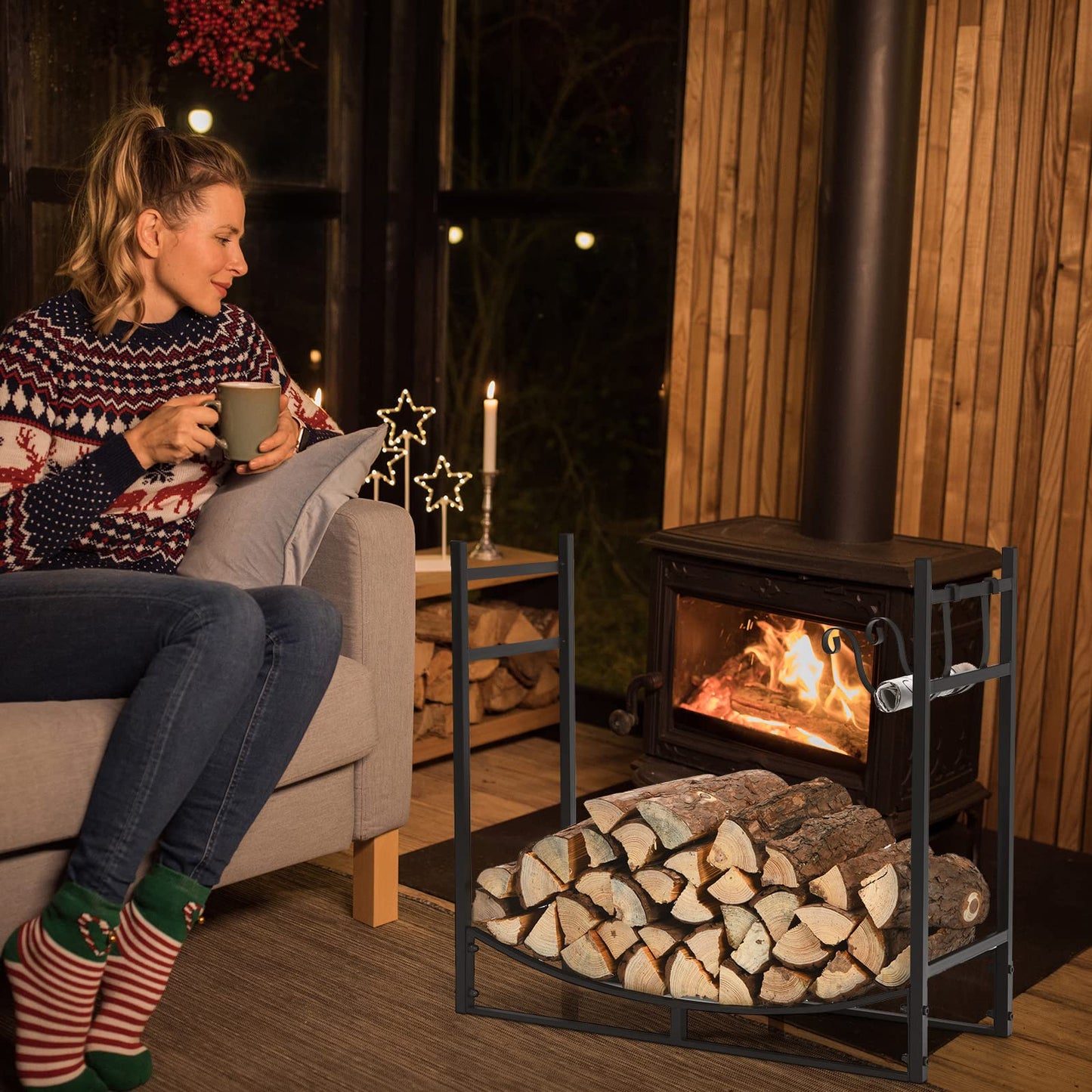 DORTALA 33'' Firewood Rack W/Removable Kindling Holder, Indoor Outdoor Steel Fireplace Wood Organizer, Easy Set-up Log Storage Stacker for Stove, Fire Pit