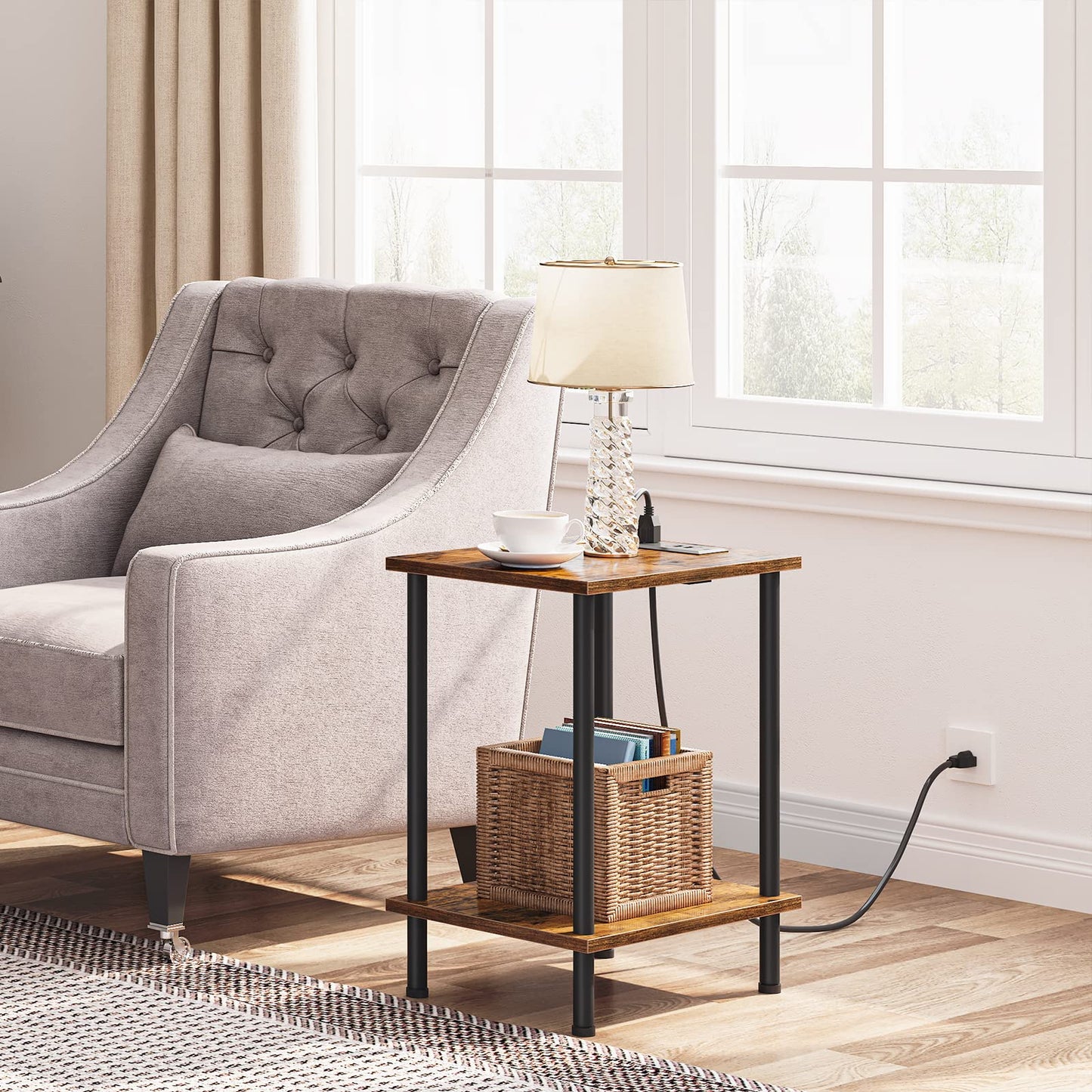 HOOBRO Set of 2 Side Table with Charging Station, End Table with USB Ports and Outlet, Nightstand with 2-Layer Storage Shelves for Small Spaces, Living Room, Bedroom, Stable, Rustic Brown BF09UBZP201