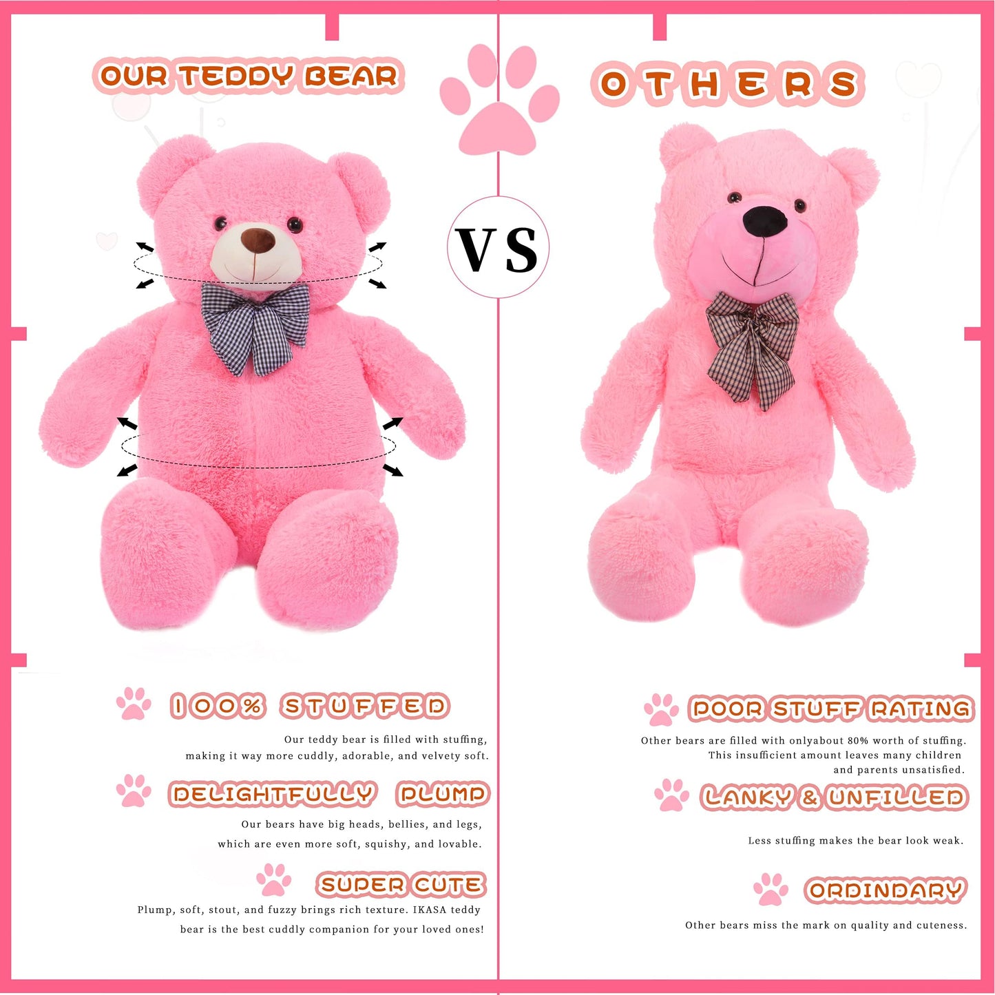 EARTHSOUND Giant Teddy Bear Stuffed Animal,Large Plush Toy Big Soft Toys,Huge Life Size Jumbo Cute Oversized Fat Bears Animals,Gifts for Girls Boys Kids Girlfriend (Pink, 47 inches)