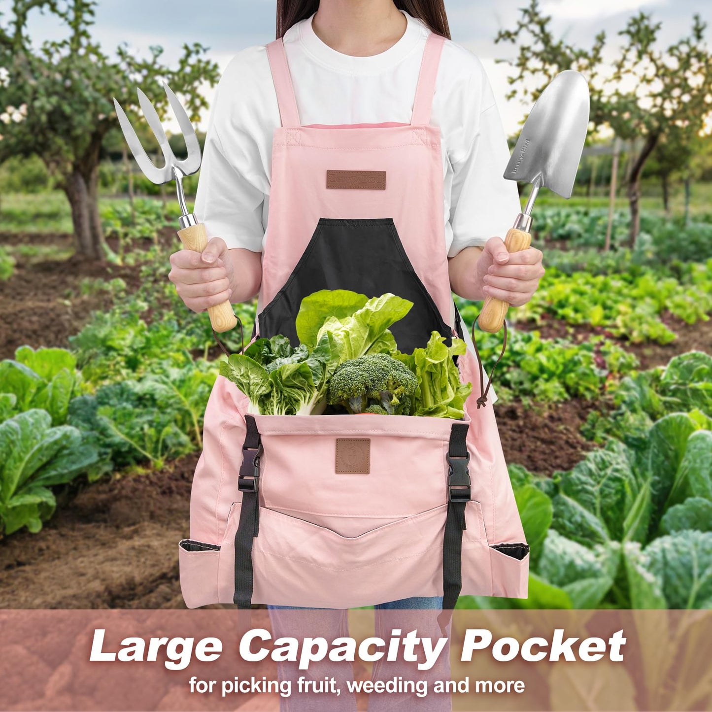 Berry&Bird Harvest Apron, Canvas Gardening Apron with Pockets and Harvesting Pouch Waterproof Harvesting Apron（Pink)