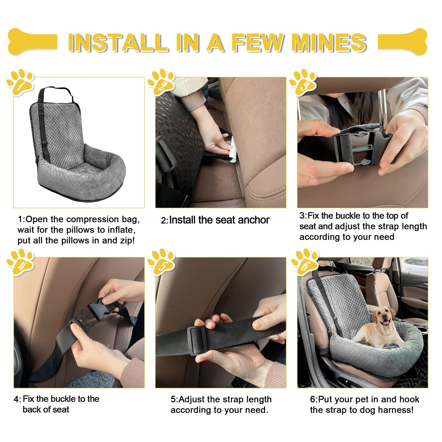 Dog Car Seat for Small Medium Dogs,Detachable Washable Travel Safety Pet Booster Seat, Comfy Ultra Soft and Multifunctional Car Travel Bed,Grey