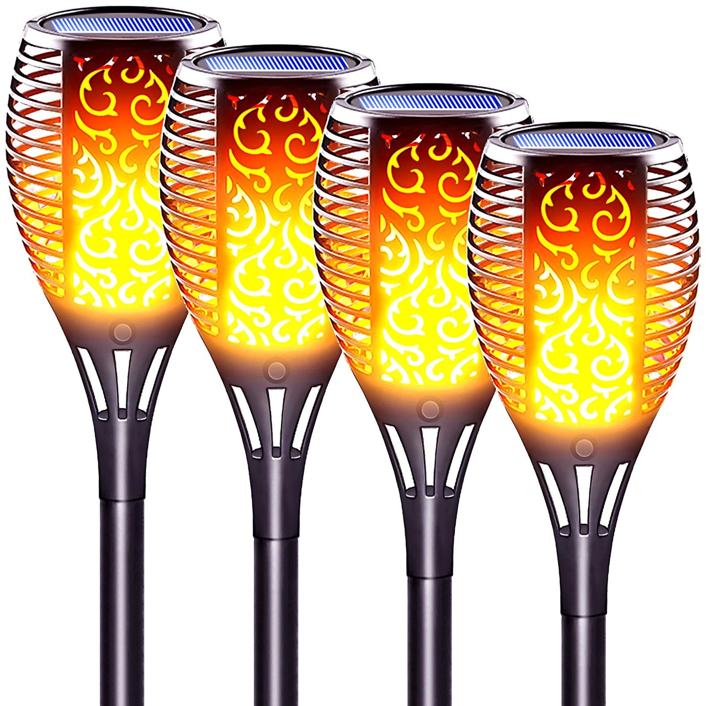 LazyBuddy Solar Torch Lights Outdoor, Large Solar Tiki Torches with Flickering Dancing Flame, IP65 Waterproof Halloween Decoration for Canadian Garden/Patio/Pathway, Auto On/Off (4 Pack)