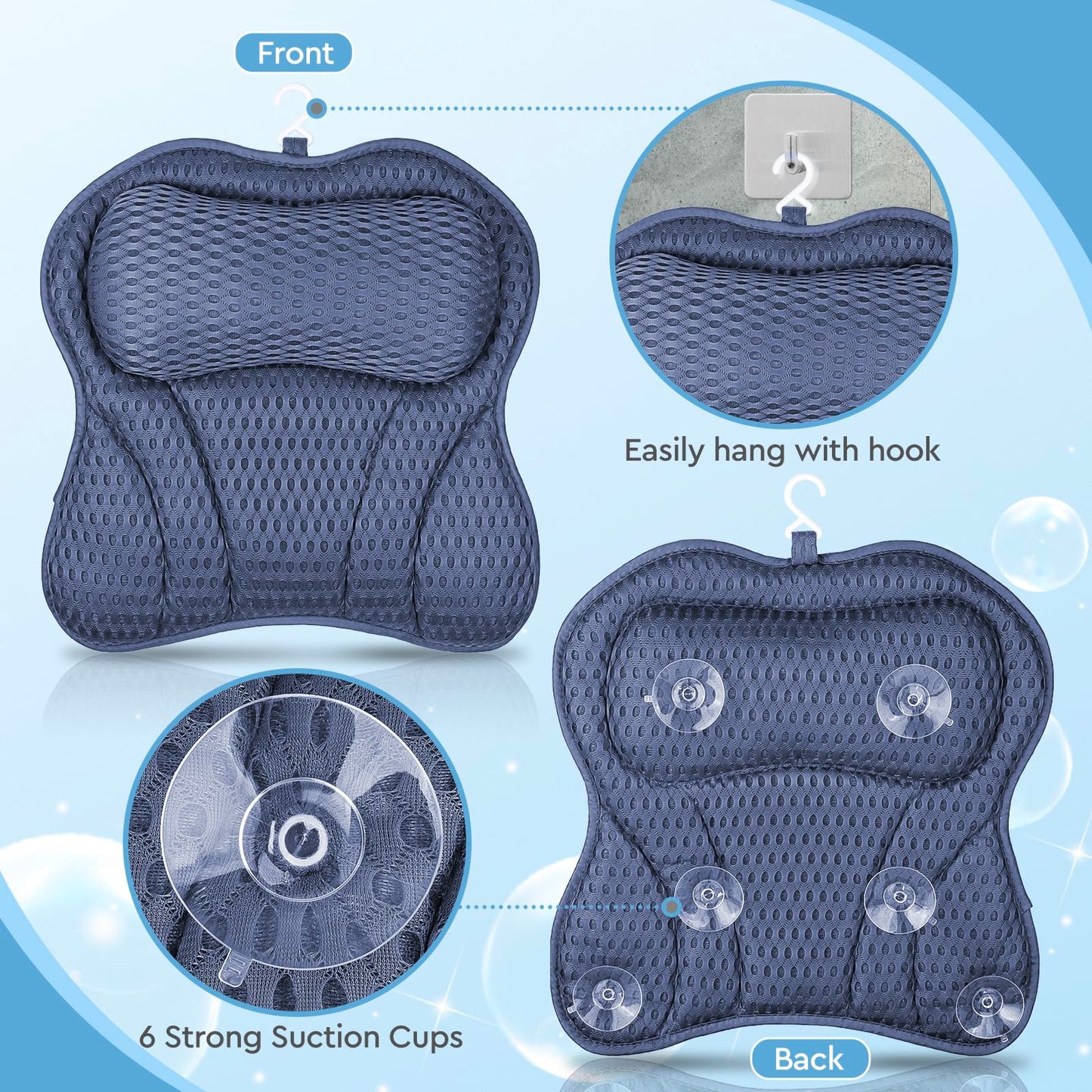 ULTRGEE Bathtub Pillow - 4D Air Mesh, Bath Pillow for Tub Head, Neck and Back Support, Fast Drying Bath Cushion, Bath Accessories for Relaxing, Germ-Proof, Fits All Bathtub (Navy)