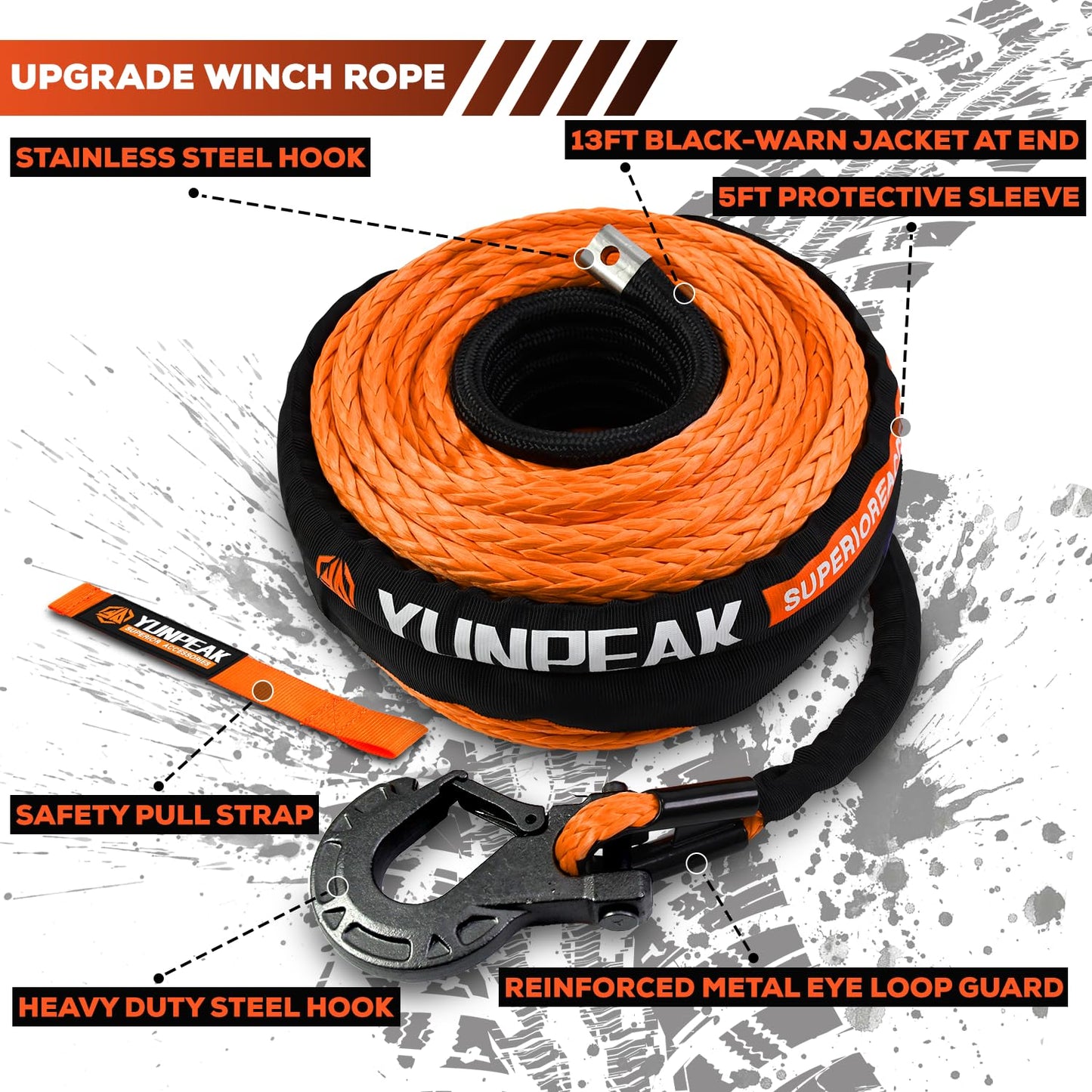 YUNPEAK Synthetic Winch Rope Kit, 1/4" x50 ft 10000LBS Winch Cable Replace Kit, with Protective Sleeve, Heavy Duty Hook, Rubber Stopper, Safety Pull Strap for Off-Road 4x4 Vehicles ATV UTV(Orange)