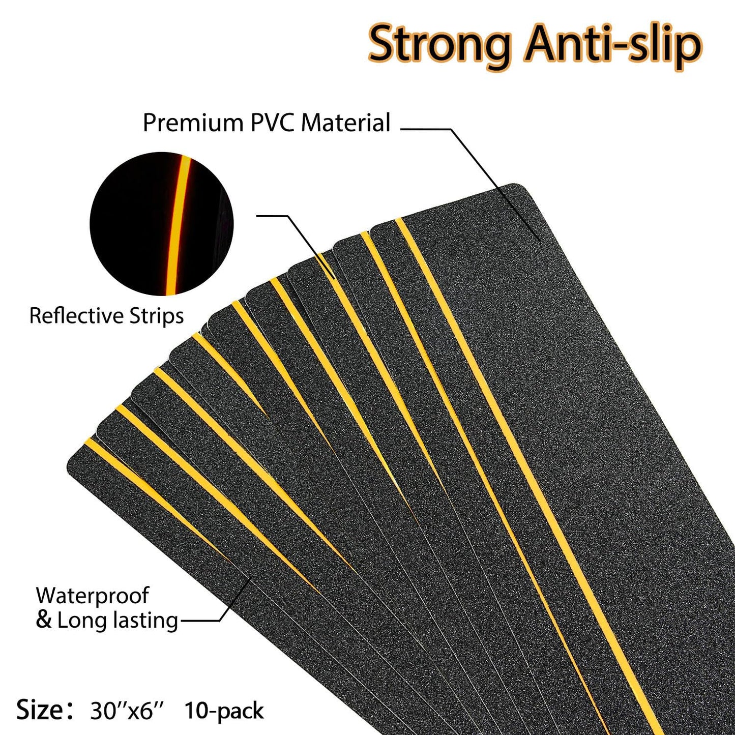 COSIMIXO 6" x 30" 10Pack Anti Slip Stair Tread with Reflective Strips,Best Grip Non Skid Tape,Anti-Skid Tape, High Traction Adhesive for Stairs Step