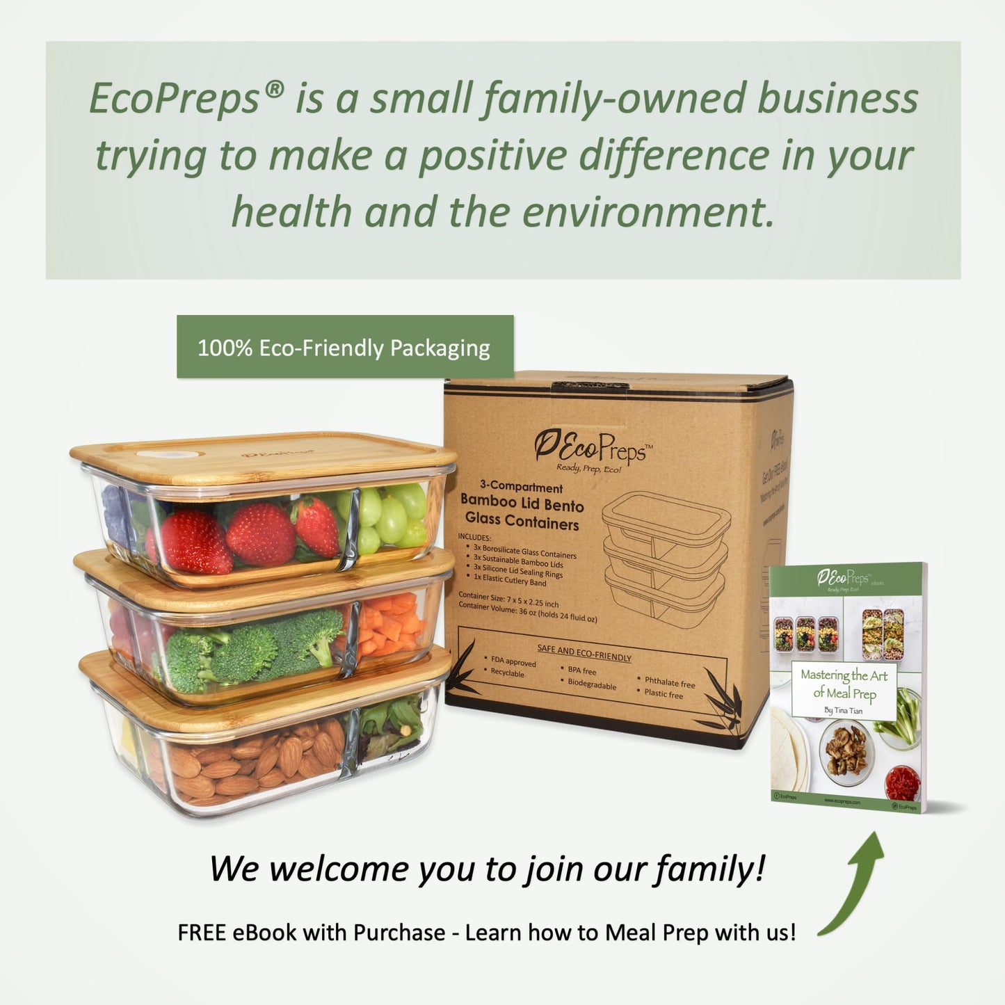EcoPreps Glass Bento Boxes with Bamboo Lids, 3-Compartment Meal Prep Containers - 3 Pack, Eco-Friendly, Freezer Safe Glass Lunch Boxes