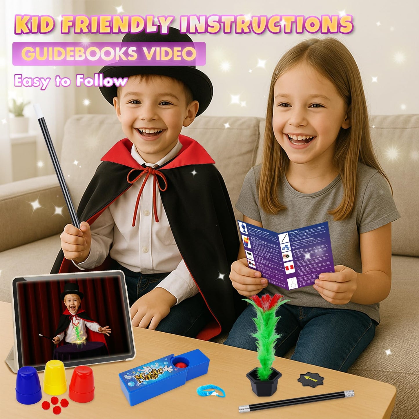 Magic Kit, Magic Tricks for Kids, Magic Set Includes Magic Wand Magician Costume, Pretend Play with Instruction for Kid Beginners, Christmas Halloween Birthday Gift Toys for Boys Girls Age 6-12
