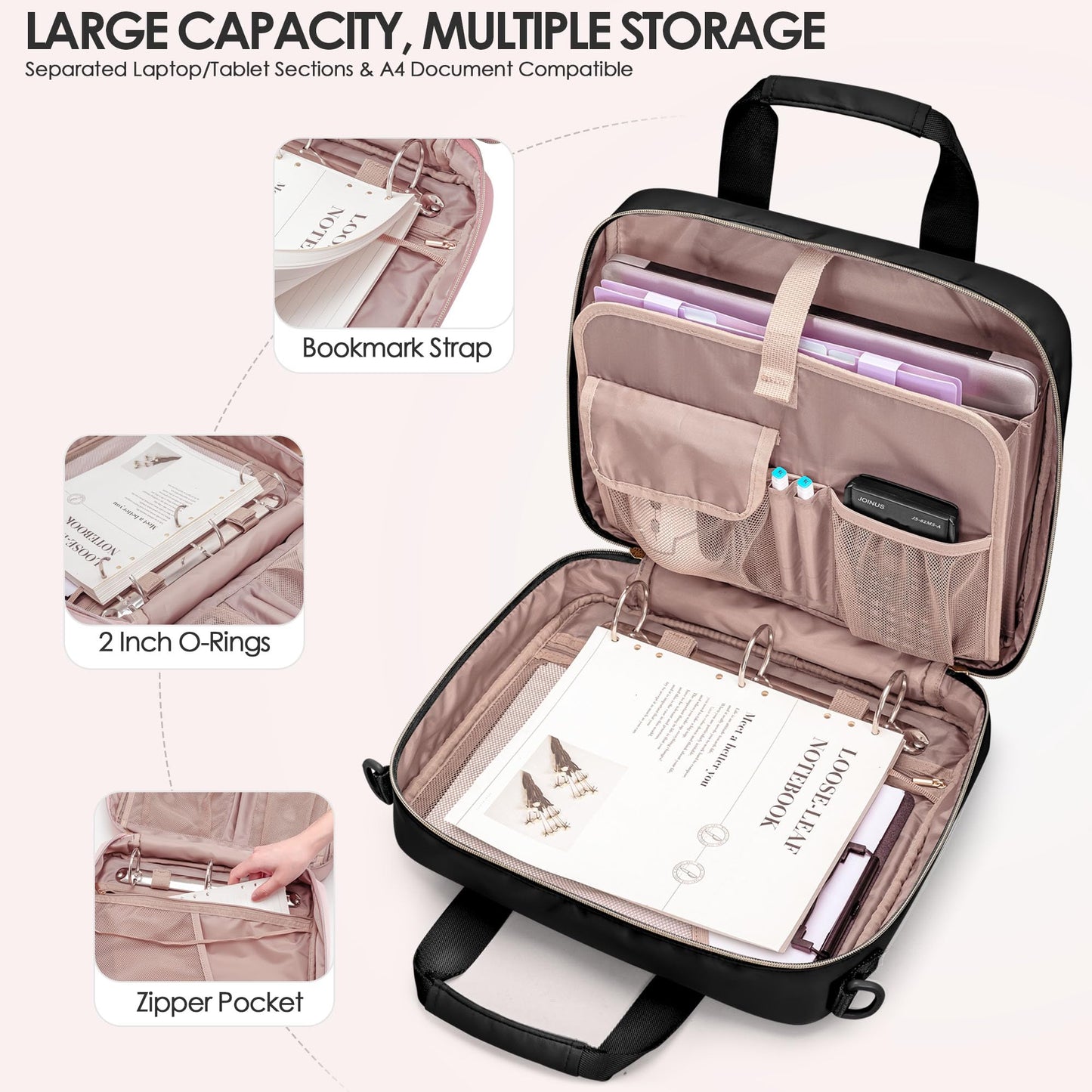 Prokva 3 Ring Zipper Binder, 2 Inch Ring Binder Organizer Bag with Shoulder Strap Fits 13 Inch Laptop and 500 Sheets, Black(Empty Bag Only)