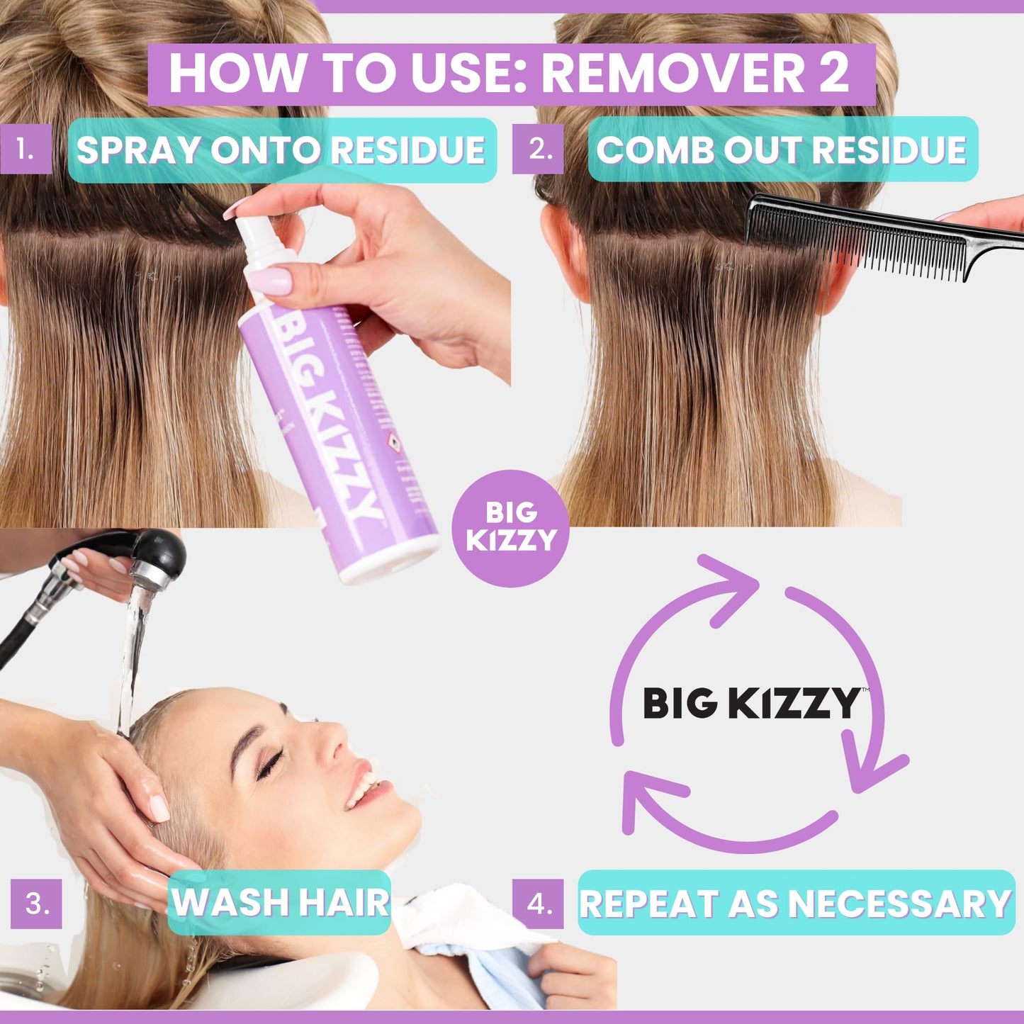 Big Kizzy Remover 1 + Remover 2 bundle, Two Step System Tested & Proven Fastest & Easiest Tape In Extension Adhesive and Residue Remover