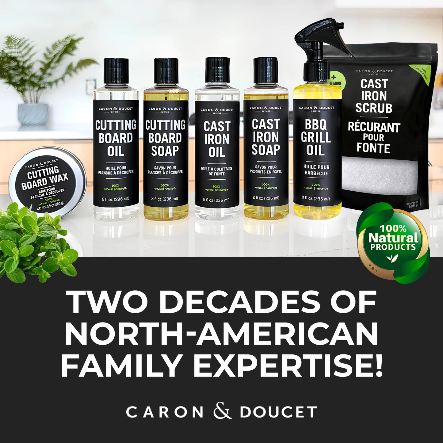 CARON & DOUCET – New Ultimate Cast Iron Set: Seasoning Oil, Cleaning Soap & Restoring Scrub | 100% Plant-Based & Best for Cleaning Care, Washing, Restoring & Seasoning Skillets, Pans & Grills!