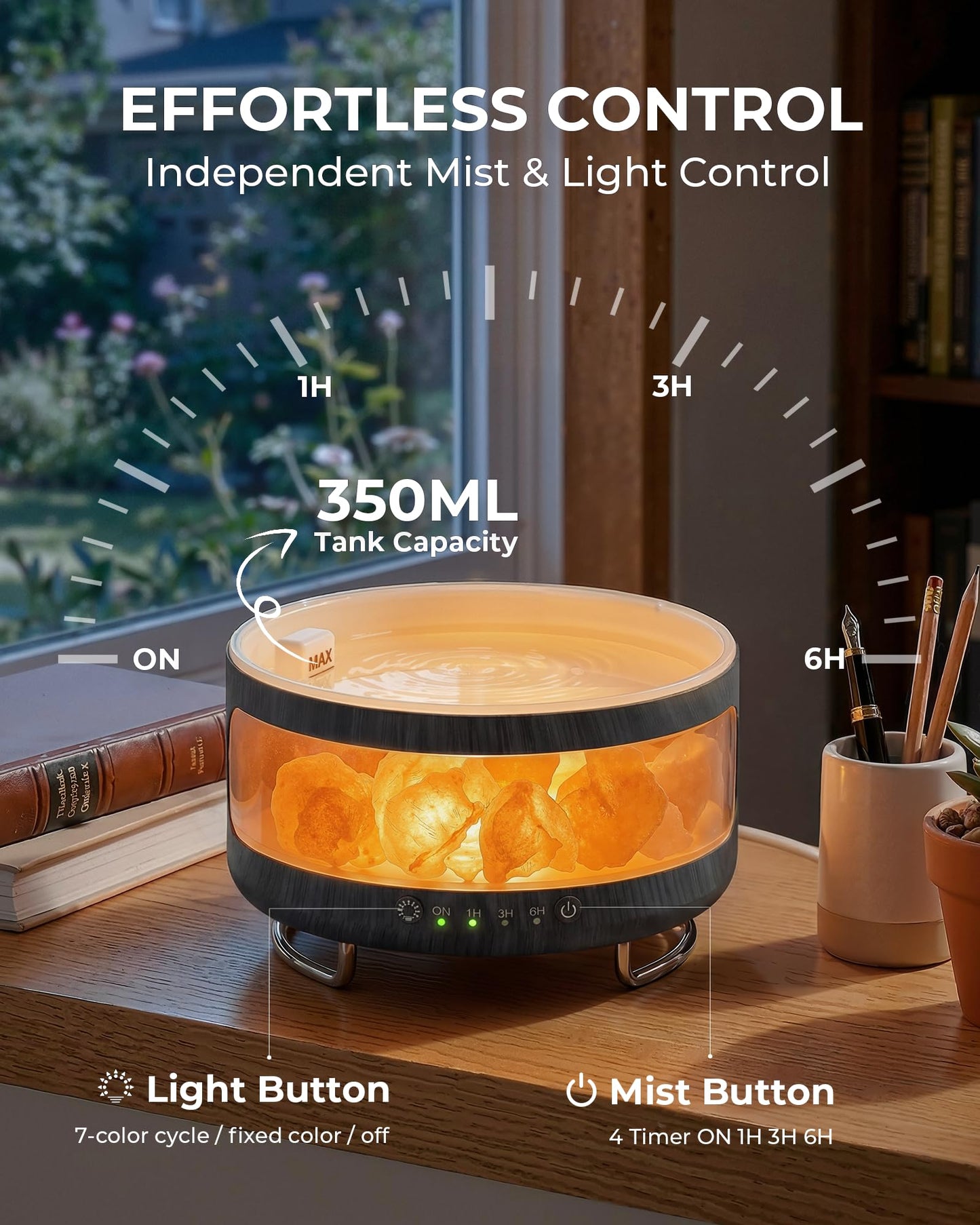 Essential Oil Diffuser with Himalayan Salt Lamp, 350ml Ultrasonic Aromatherapy Humidifier, 7 Colors LED Light, Timer & Auto Shut-Off for Home Bedroom Office Spa Yoga Black Wood Grain