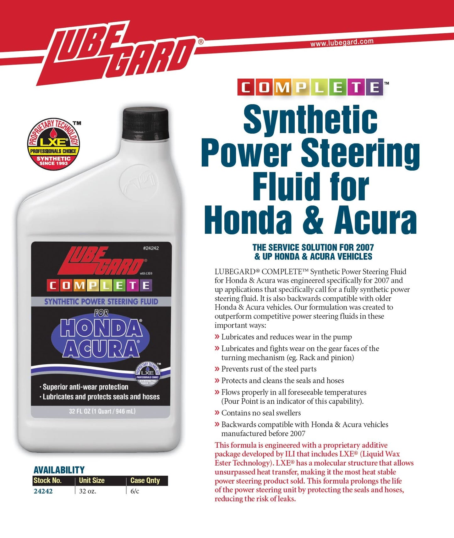 Lubegard 24242 Complete Synthetic Power Steering Fluid for Honda/Acura, 32 fl. oz.