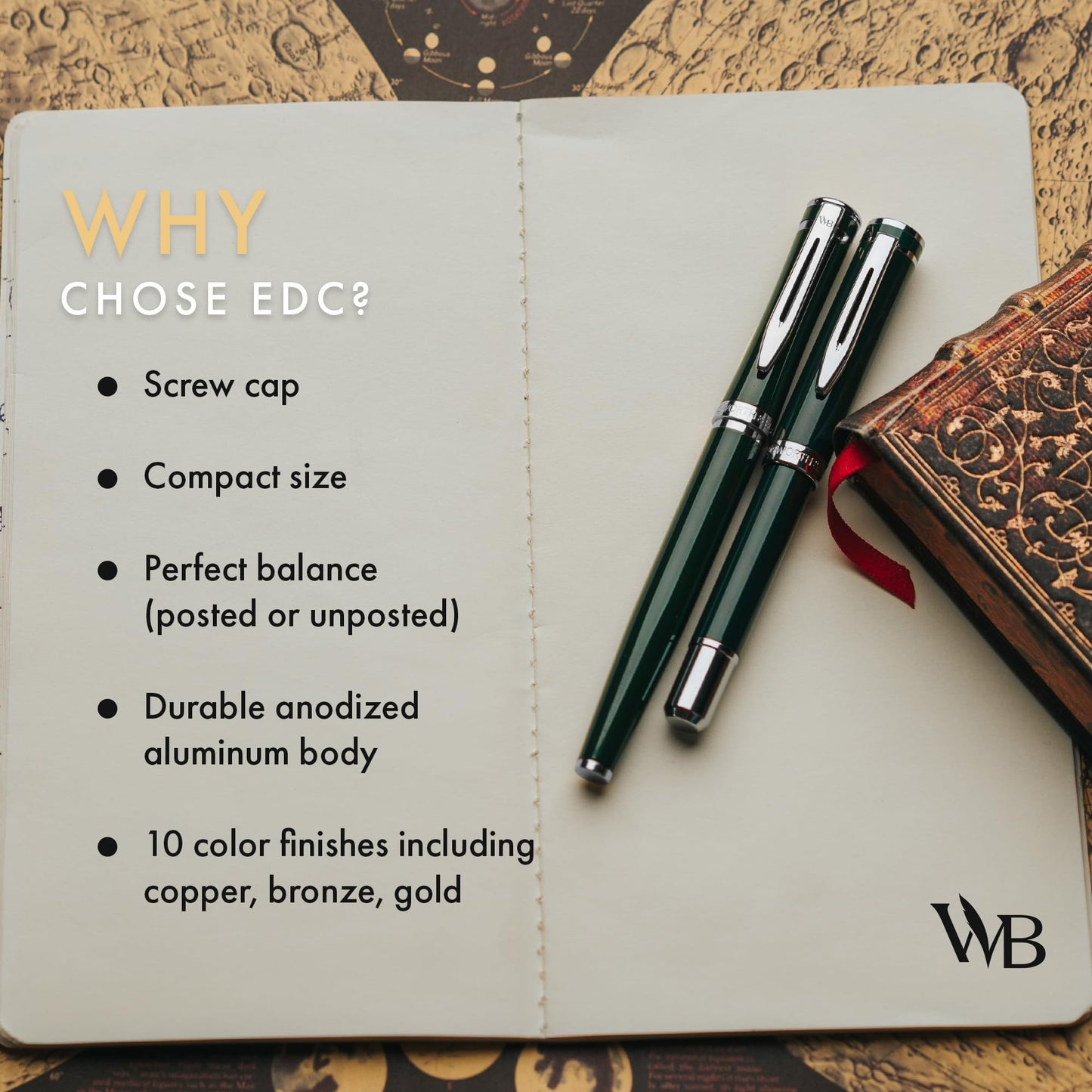 Wordsworth and Black Fountain Pen Mini EDC: Luxury Green Heavy Pocket Pen, Chrome Finish, Medium Nib, 6 Ink Cartridges, Ink Converter, Travel Refillable Writing Pen Gift Set, Men & Women