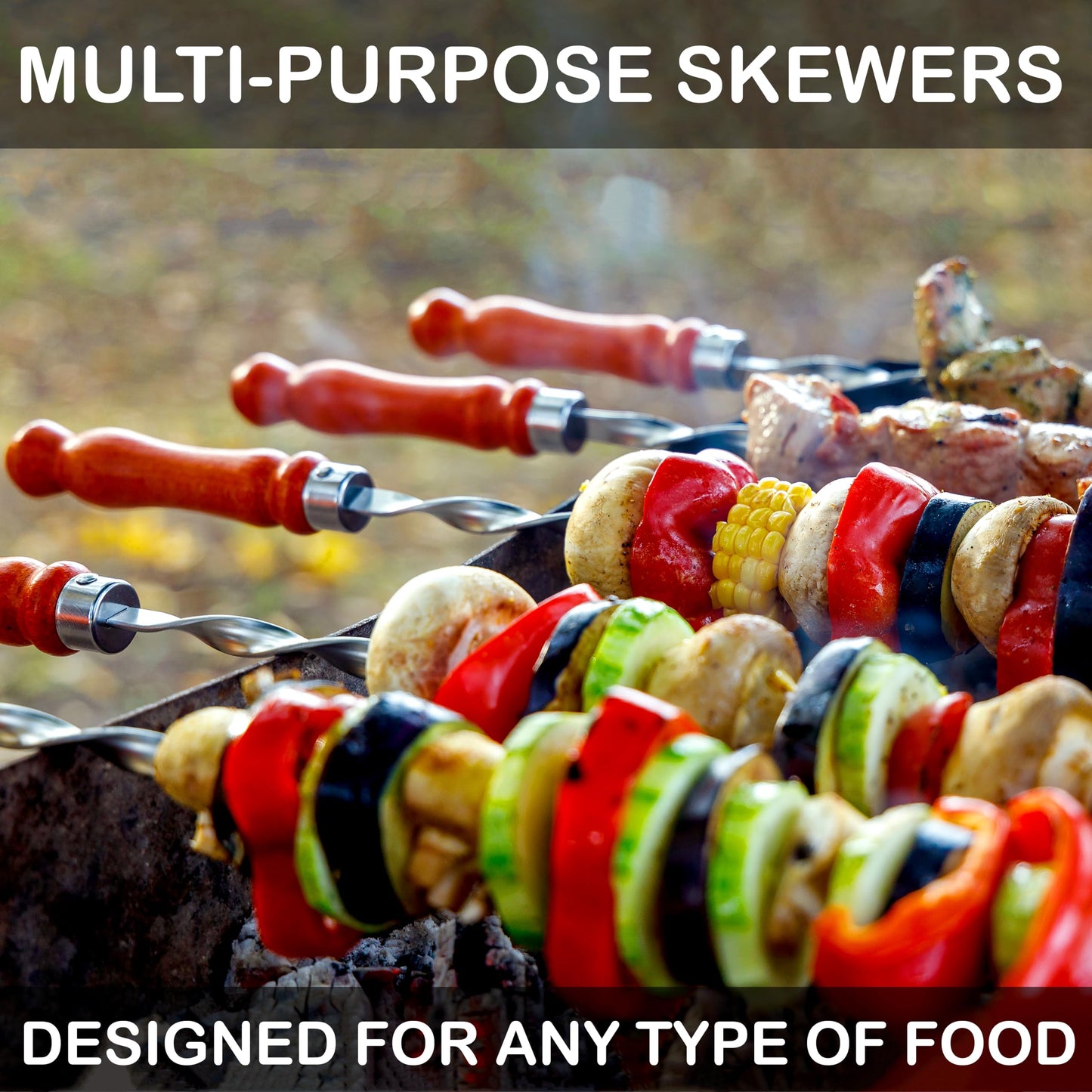 Premium BBQ Skewers with Wooden Handles 23.6" Shish Kabob Skewers Stainless Steel Long & Reusable Kabob Sticks Barbecue Skewers for Grilling Set of 10 Piece