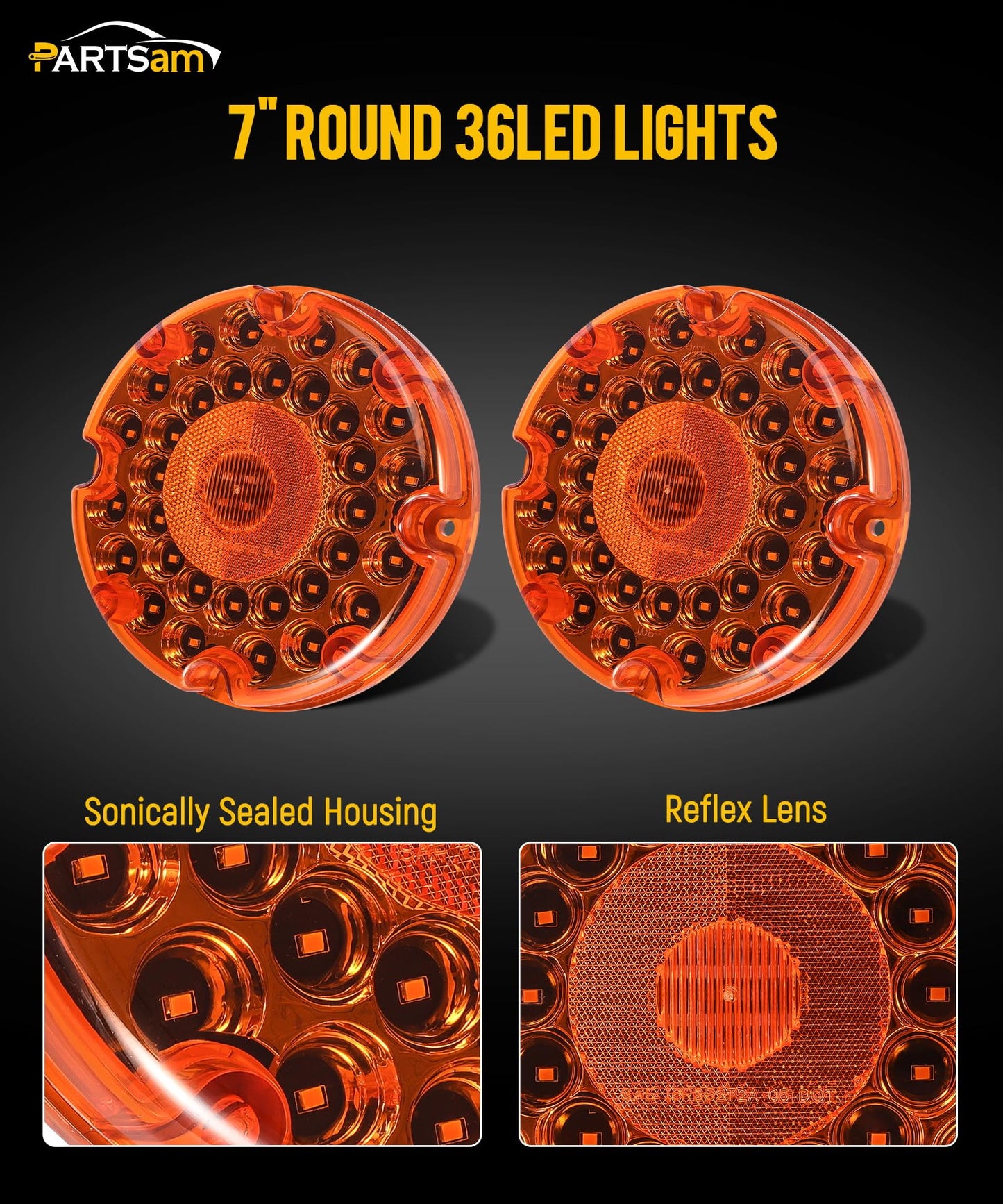 Partsam 2 Pieces 7" Amber 36 LED Round Transit Tail Lights, 7 Inch Round Amber LED Bus Light, Round LED Turn Signal and Parking Light [Integrated Reflection Lens