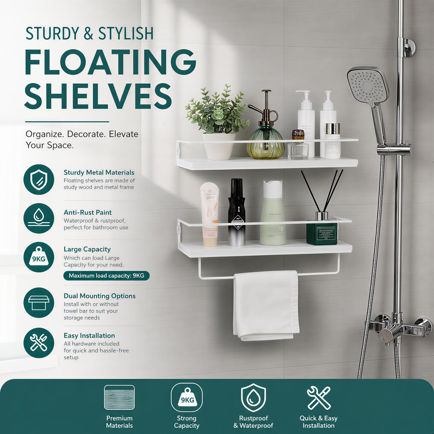 Floating Bathroom Shelves Set of 2 Wall Mounted Shelf with Black Metal Frame and Towel Rack for Bathroom Over Toilet Storage and Organizers for Bedroom Living Room Kitchen Office (White)