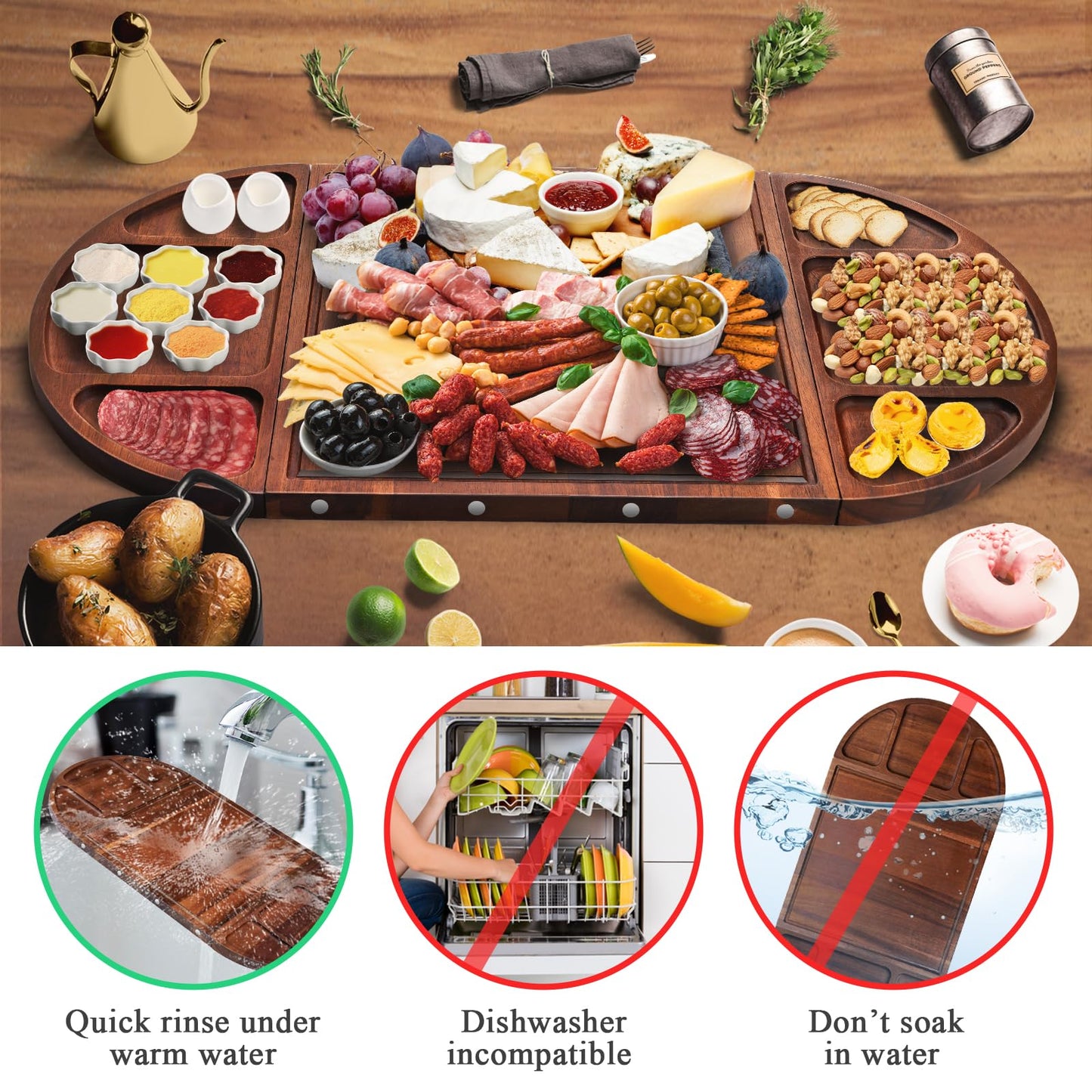 NiHome Magnetic Acacia Wood Charcuterie Board Large 26”x13” Cheese Board Splice Serving Boards for Entertaining, Beautiful Personized Christmas Wooden Square Semicircular Charcuterie Board Set