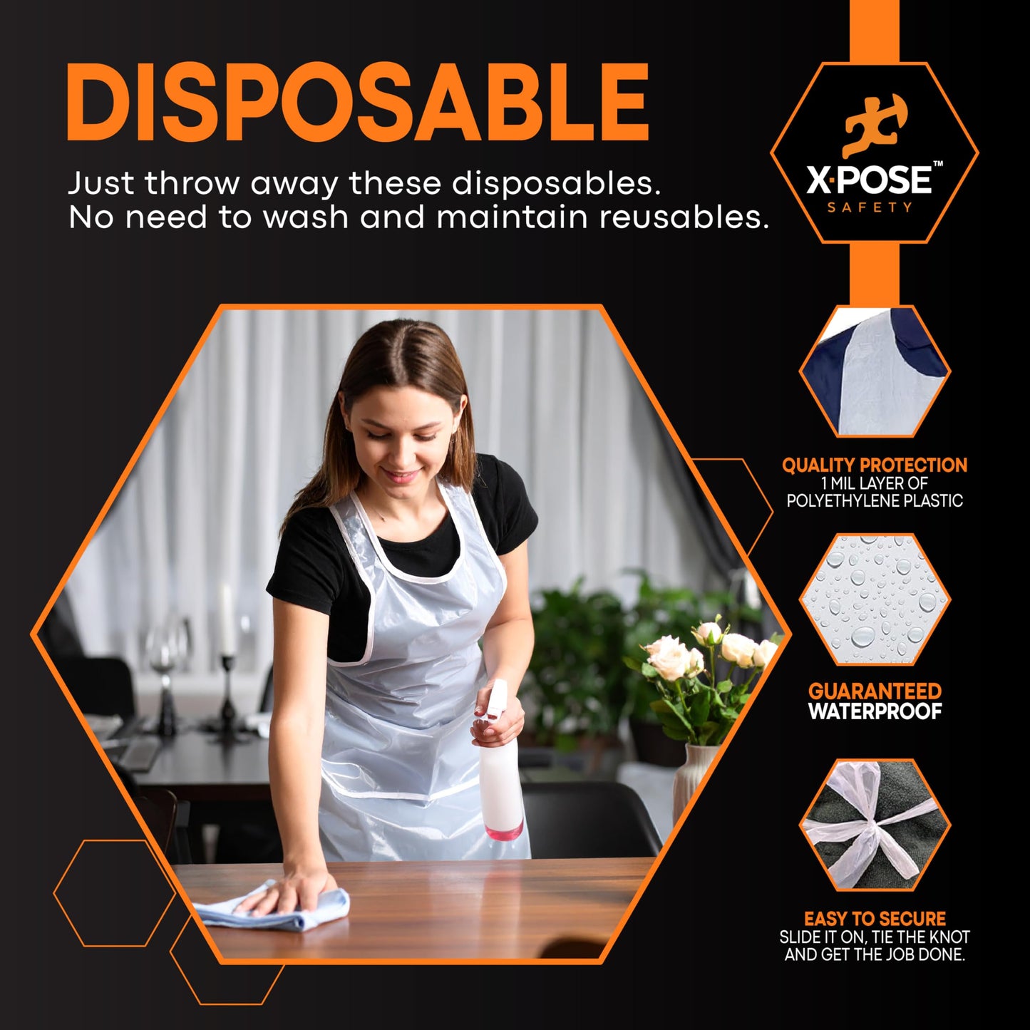 Xpose Safety 300 White Plastic Disposable Aprons for Cooking & more Individually Packaged, Durable 1 Mil Waterproof Polyethylene 24" x 48"