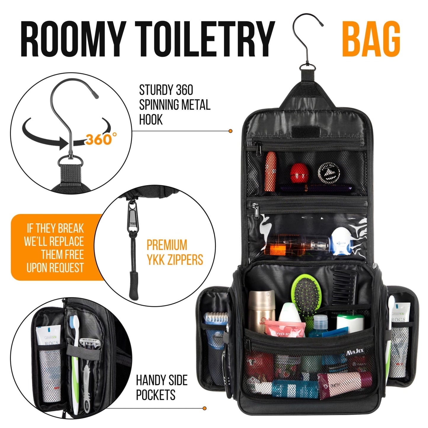 Travel Toiletry Bag for Men and Women - Large Hanging Toiletry Organizer - Waterproof Hygiene Bag with Metal XXL Swivel Hook, Sturdy Zippers and 19 Compartments for Toiletries, Makeup, Cosmetics
