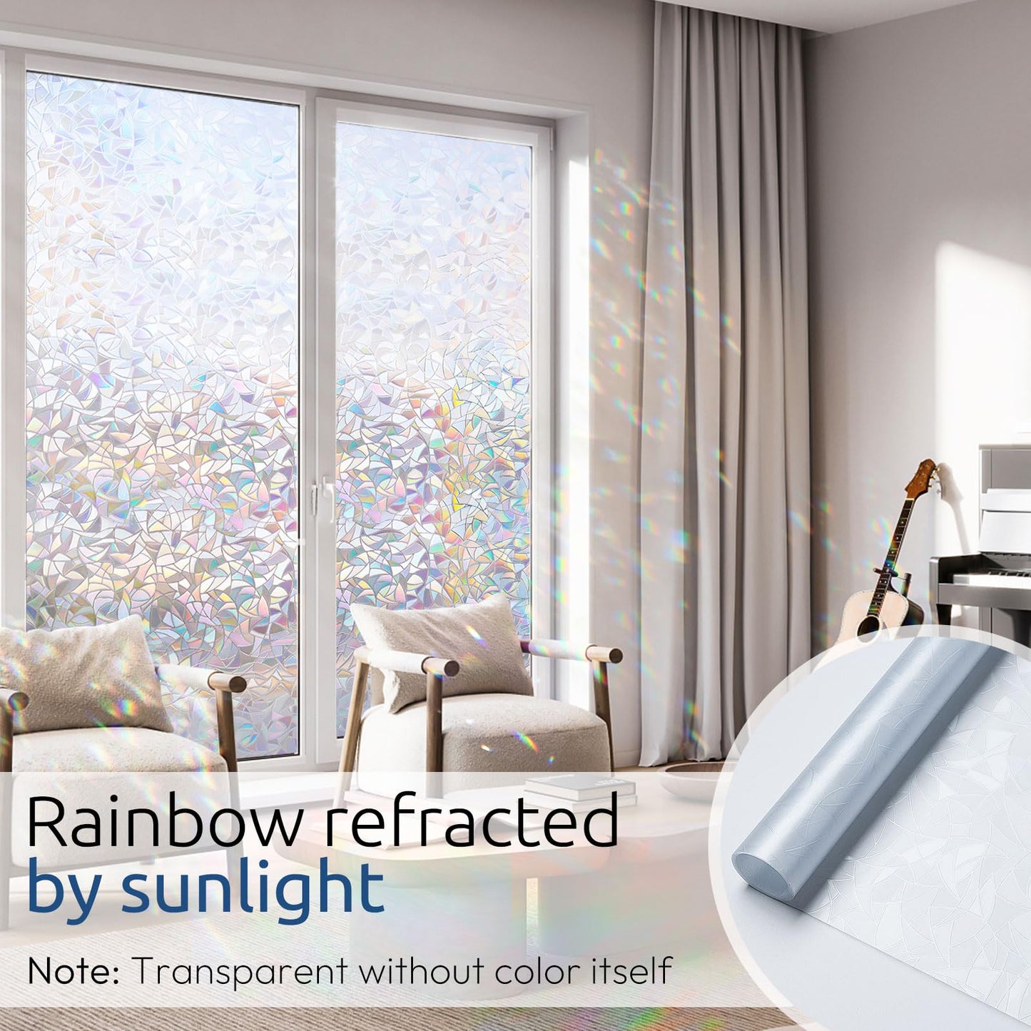 rabbitgoo Rainbow Window Films for Privacy, 3D No Glue Decorative Window Clings, UV Blocking Removable Stained Glass Tint Film, Privacy Glass Stickers for Home Office Door, 60x200cm