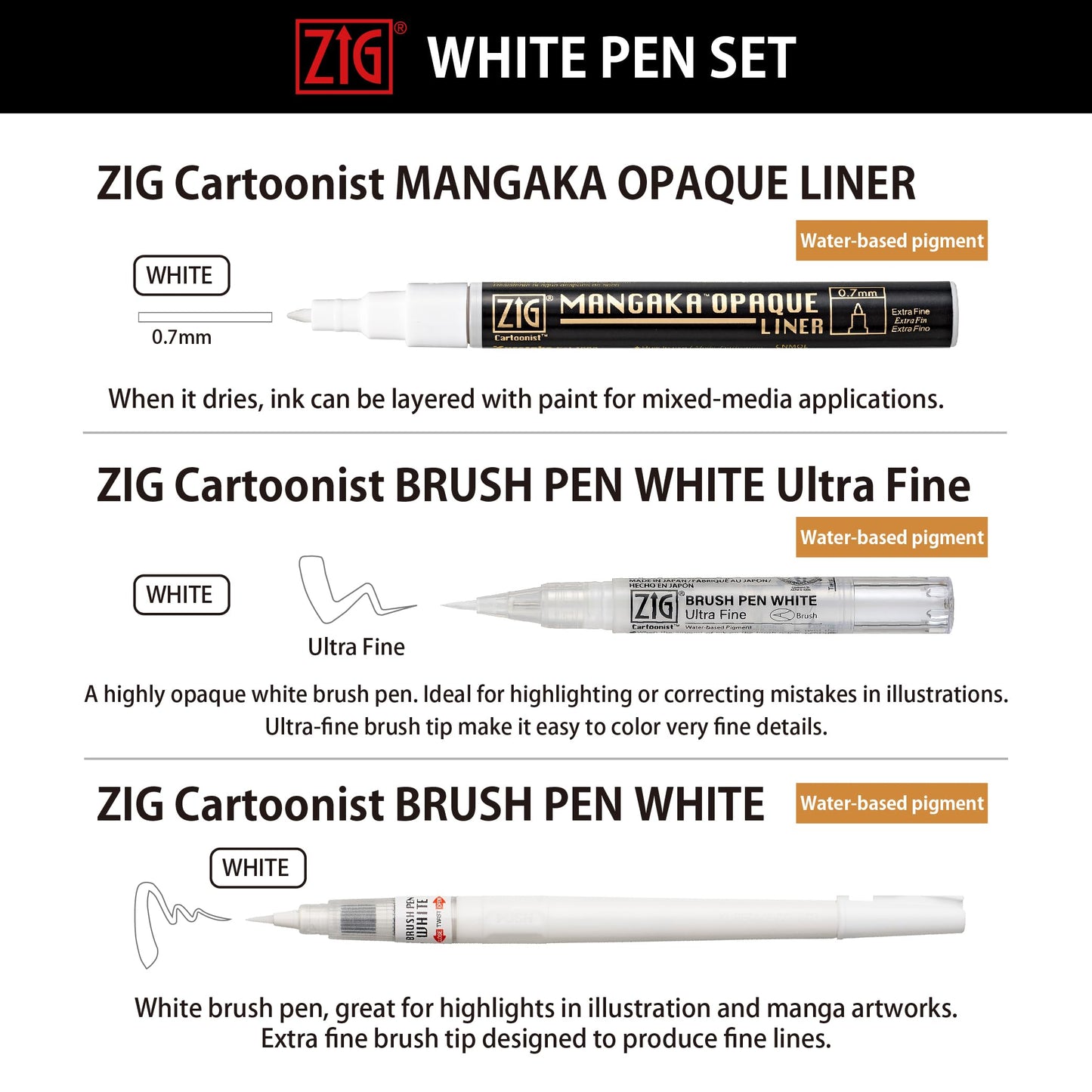 Kuretake Zig INKTOBER Special 3 variety set, White Pen Markers, Fine and Ultra Fine Brush tip, for Manga, Drawing, Calligraphy, Professional, Artist, Made in Japan