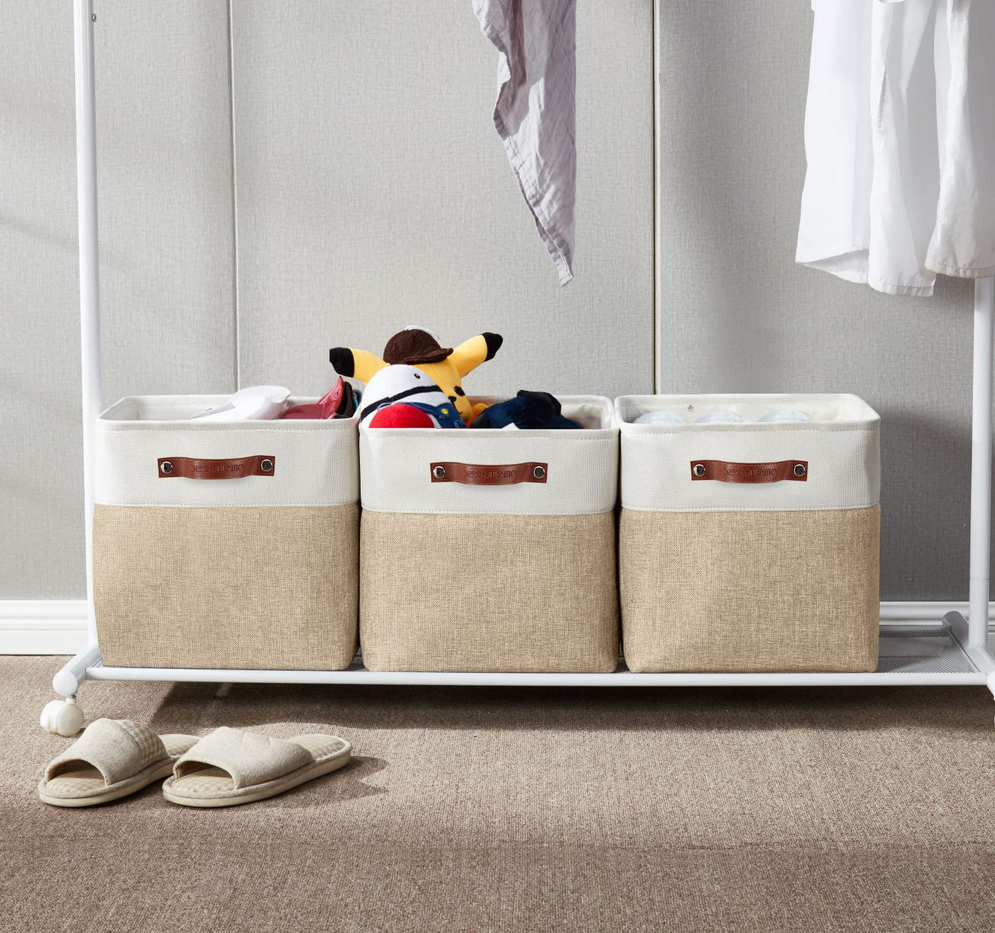DECOMOMO Cube Storage Bin, Storage Baskets for Shelves, 12x12 inches Collapsible Fabric Storage Cubes (Beige & White, 4pcs)