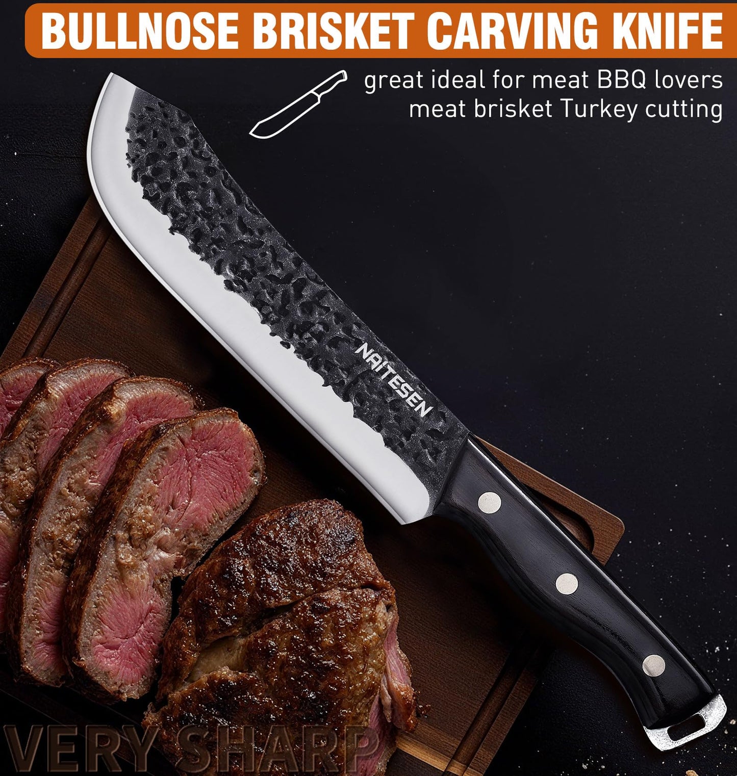 Naitesen Professional Butcher Knife Set 3, Bullnose Meat Cleaver Breaking Knife Boning Knife Hand Forged Very Sharp for Meat Cutting Home Kitchen Cooking BBQ