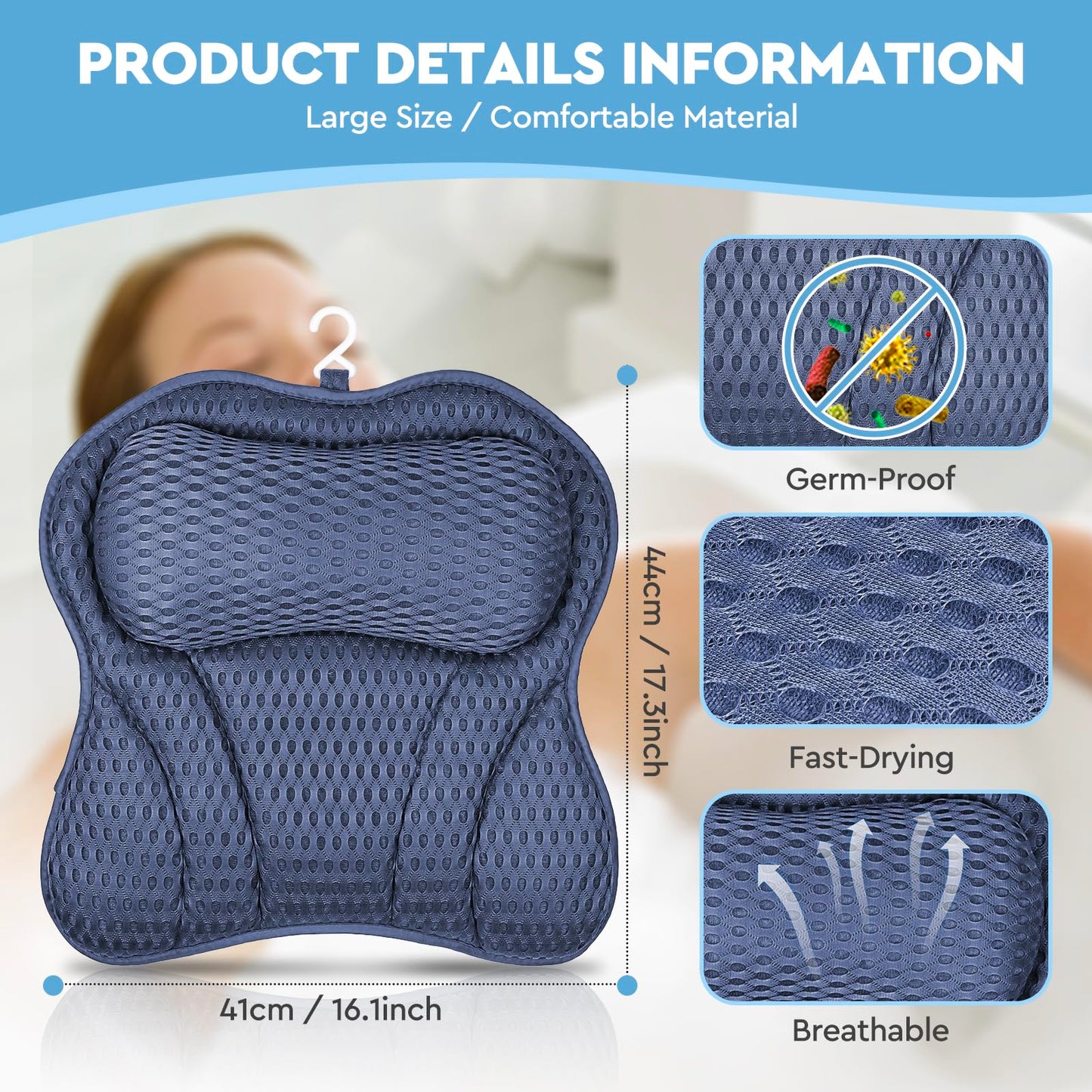 ULTRGEE Bathtub Pillow - 4D Air Mesh, Bath Pillow for Tub Head, Neck and Back Support, Fast Drying Bath Cushion, Bath Accessories for Relaxing, Germ-Proof, Fits All Bathtub (Navy)