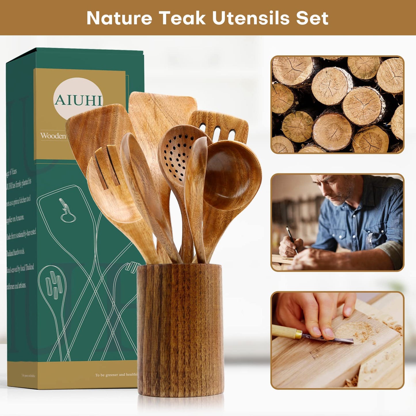 Natural Teak Wood Utensils with Spatula and Ladle (10) - Nonstick Wooden Kitchen Utensils