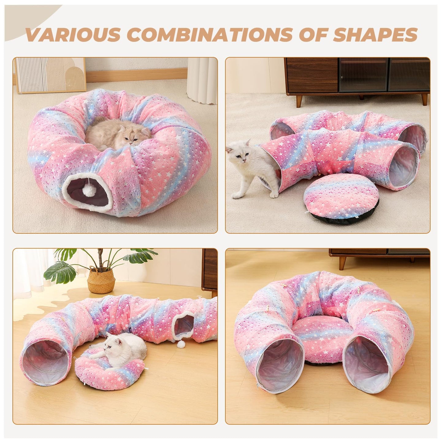 AMYLALA Large Cat Tunnels Bed Tube for Indoor Cats Glows in The Dark Cat Tunnel with Cushion and Plush Ball Toy Longer Playground Toys for Dog Puppy Kitten Rabbit Bunnies Ferret Pet Rainbow