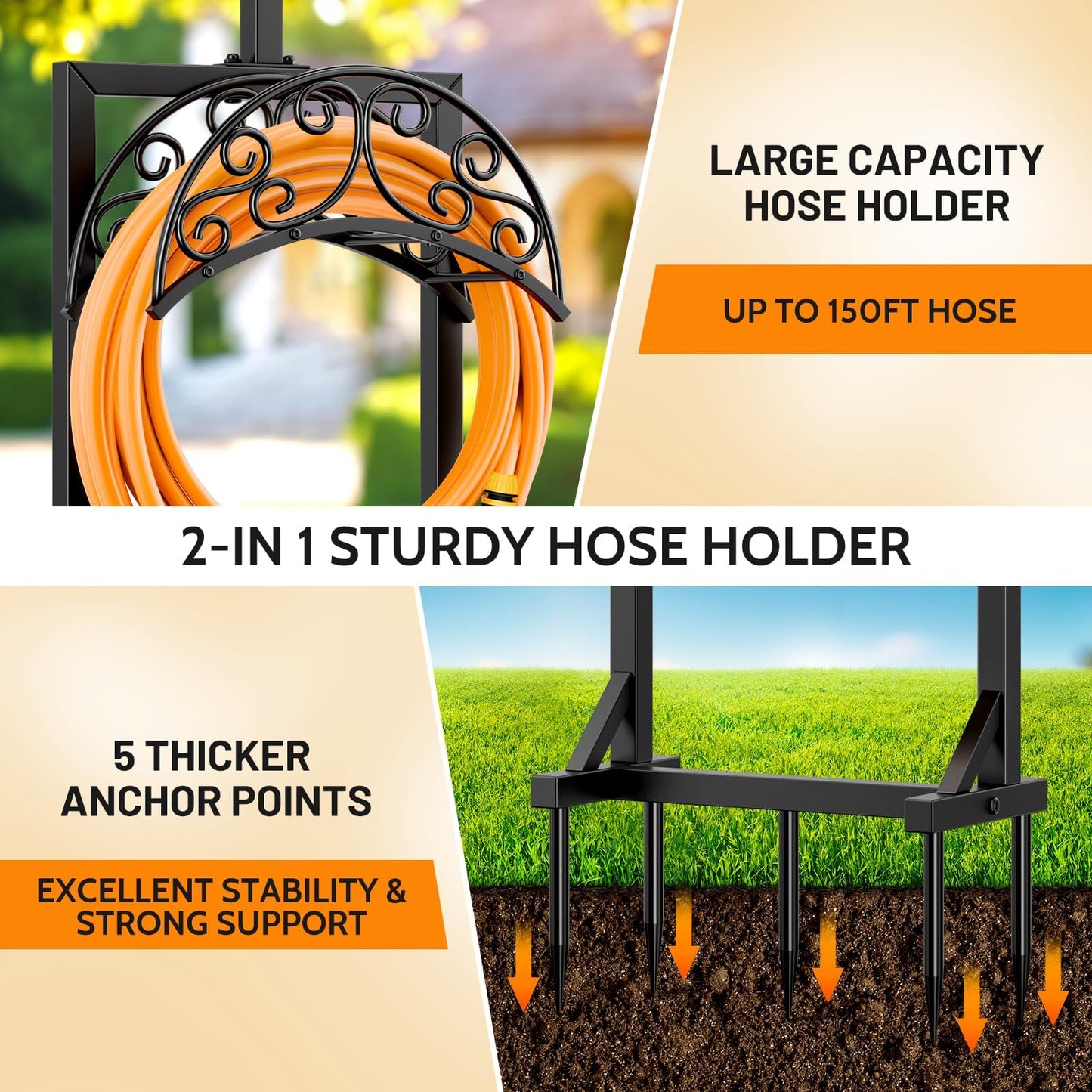 Jvgoo Garden Hose Holder for Outside - Upgraded Water Hose Stand With 5 Spikes & 2 Shepherds Hooks, Freestanding Heavy Duty Hanger Storage Reel Rack for Yard Lawn