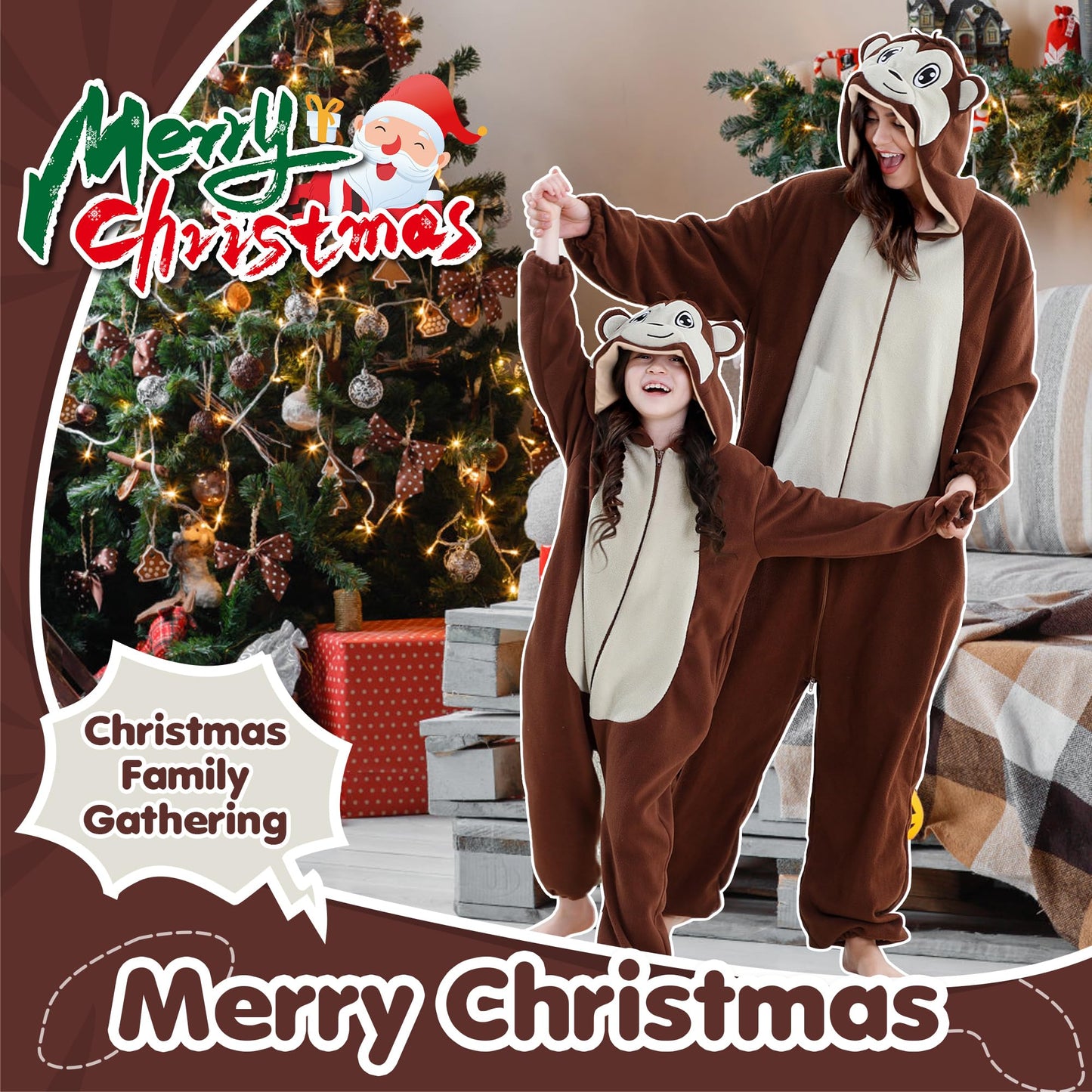 MICHLEY Unisex Halloween Animal Cosplay Costume, Zipper Hooded One Piece Pajamas for Men and Women Monkey-XL