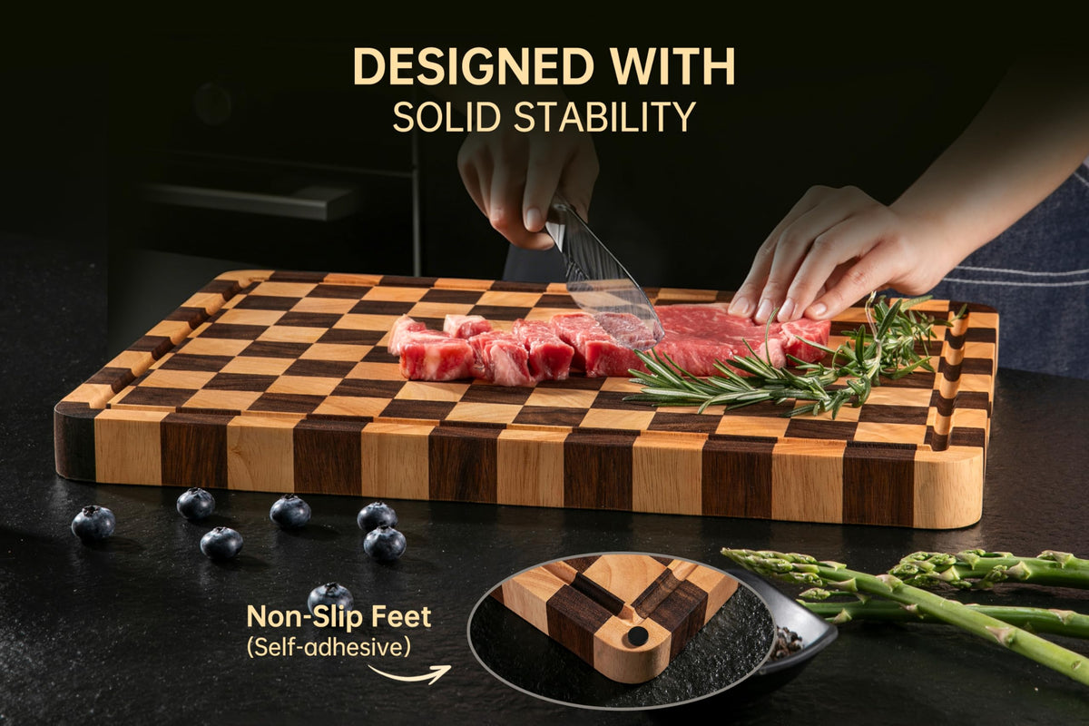 THETCHRY Cutting Boards for Kitchen, Thickened Checkered Cutting Board, Walnut & Acaia Wood Chopping Board with Juice Grooves & Handles, Double-Sided Large Butcher Block, 17" x 12" x 1.2"