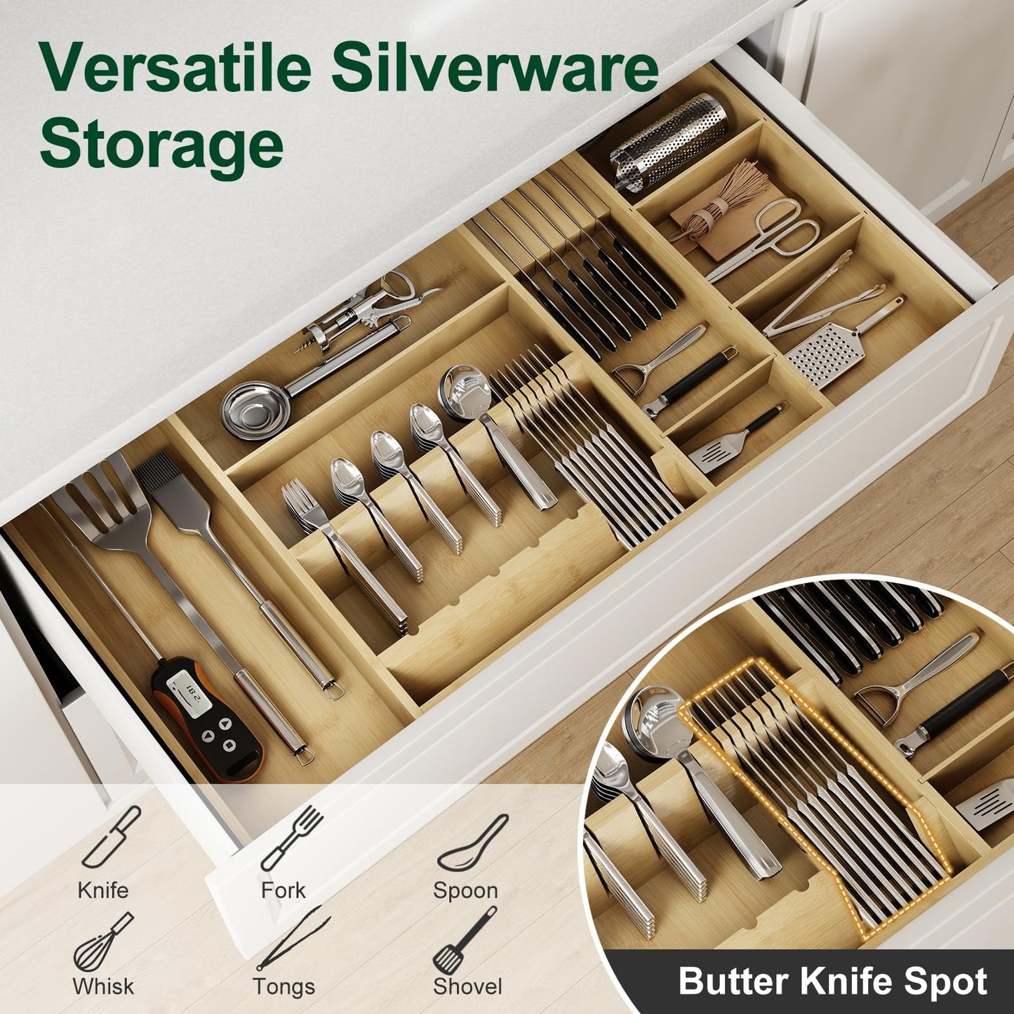 Landmok Large Bamboo Cutlery Organizer, 17.7-29.5 Inch Expandable Utensil Drawer Organizer, 8-Slot Kitchen Drawer Organizer with Removable Card Slots & Knife Block for Spoons Butter Knives, Natural