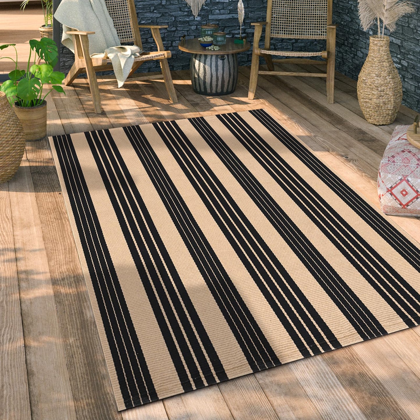 Fallovea Black and Tan Striped Rugs, 120×180 cm Area Rug Outdoor Indoor Front Porch Doormat Cotton Hand-Woven Layered Door Mats for Entryway Patio Entryway Laundry Bedroom Living Room