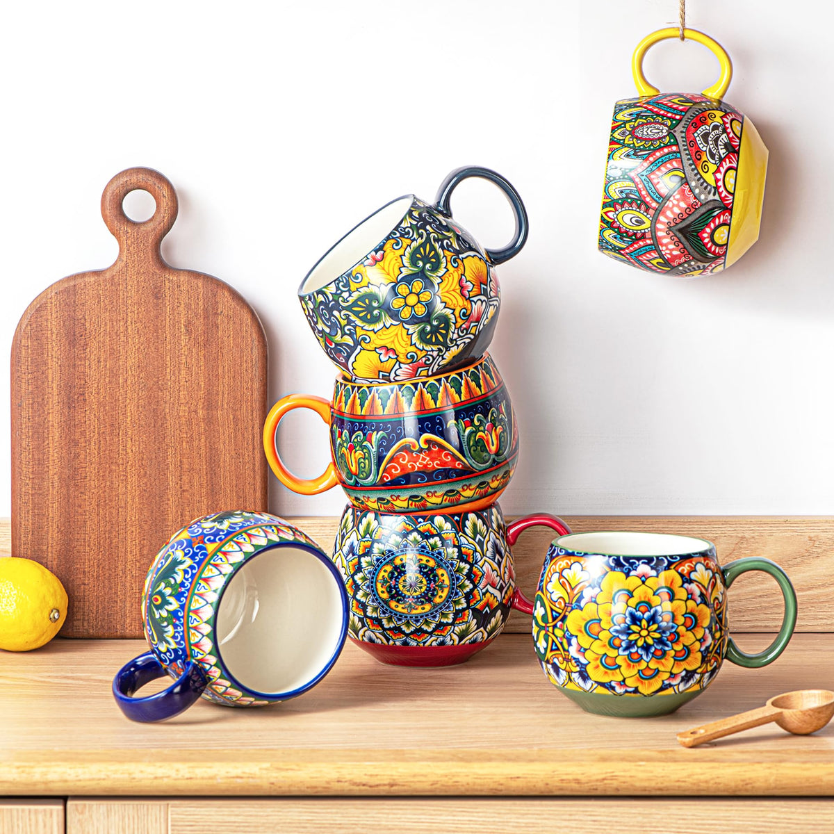 Henten Home Porcelain Latte Mug Set of 6, 20 oz Colorful Coffee Cup with Handle, Boho Ceramci Mug for Cappuccino, Milk, Tea, Hot Chocolate, Cocoa, Microwave & Dishwasher Safe