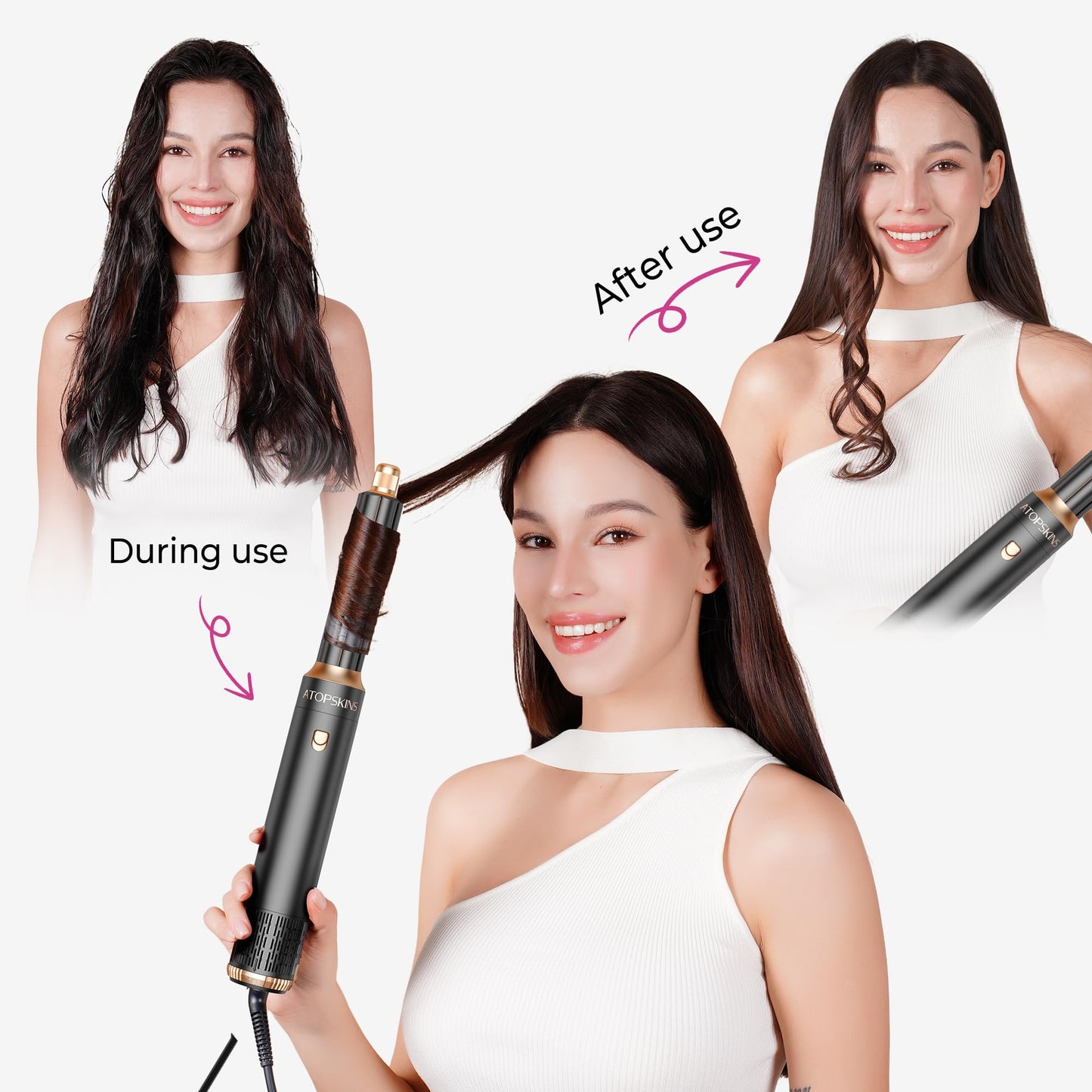Atopskins Hair Dryer Brush 6-in-1, Blow Dryer Brush Fast Drying, Wrap Curling Iron Frizz-Free with Negative Ionic 3 Temperature Hot Air Styler Straightener, Volumizer, Gift for Women (Black)
