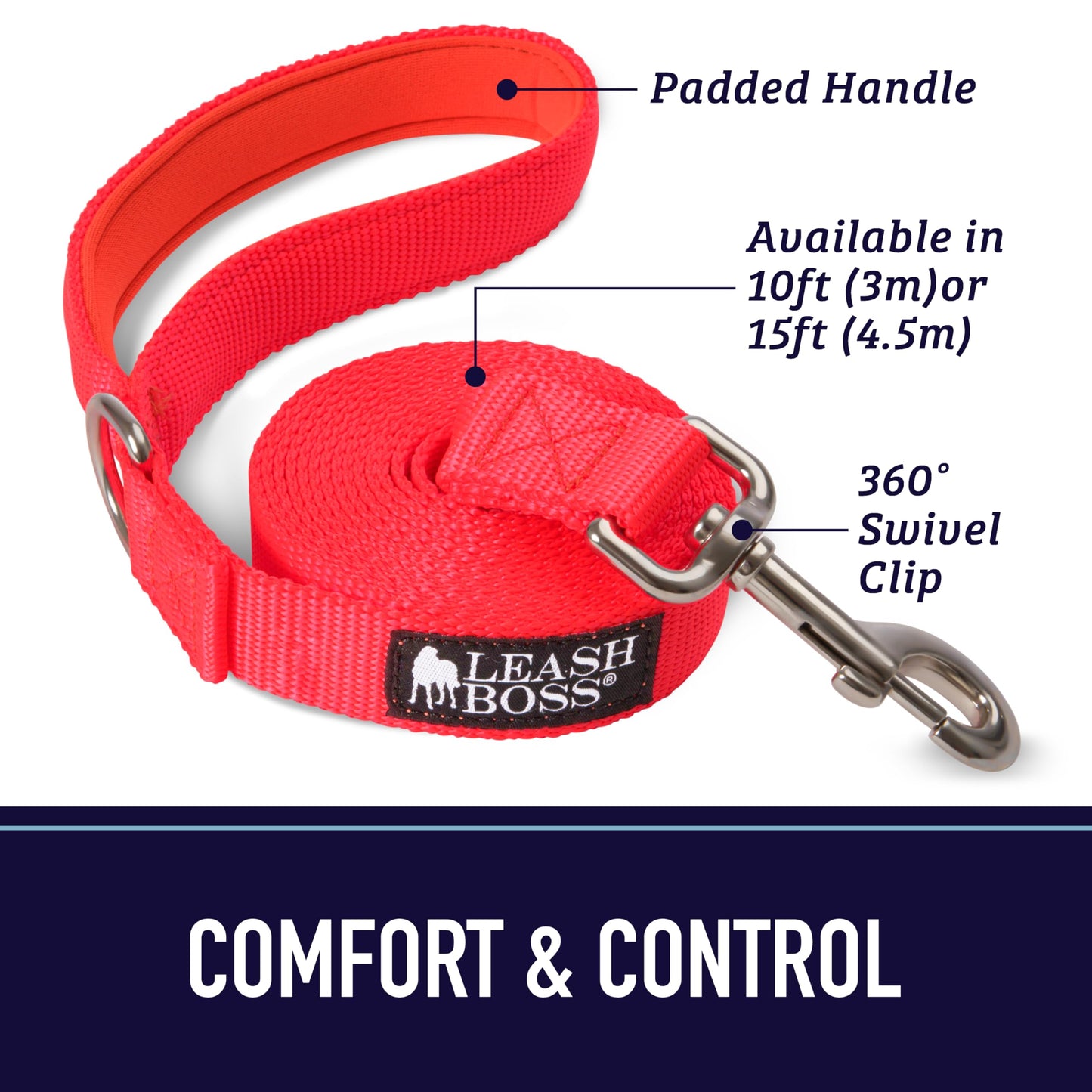 Leashboss 10 Foot Dog Leash with Padded Handle - Long Leash for Hiking, Camping, Exploring, or Walking (10 Feet, Black/Red/Grey)