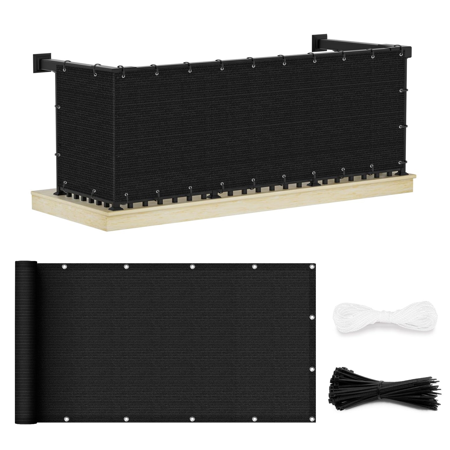 UIRWAY Privacy Screen Balcony Fence 3'x16.5', Garden Courtyard Privacy Fence Screen with Zip Ties UV Protection, for Animal Barriers, Decks, Patios, Outdoor Pools, Porches, Condo Railings - Black