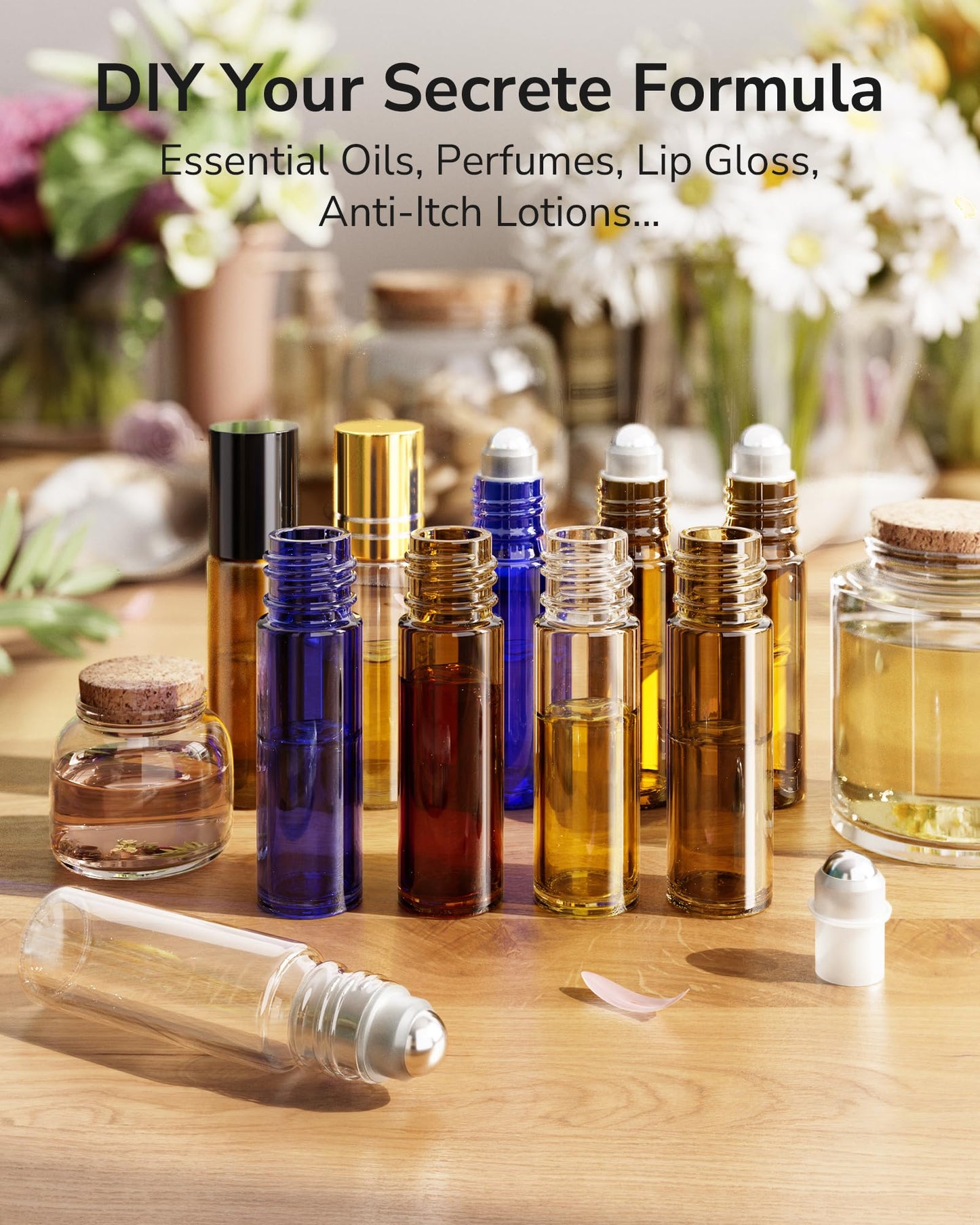 Essential Oil Roller Bottles 10 ml 48 Pack - ULG Amber Glass Empty Roll on Bottles with Stainless Steel Roller Balls (10 Extra Balls, 4 Openers, 4 Droppers, 48 Waterproof Labels)
